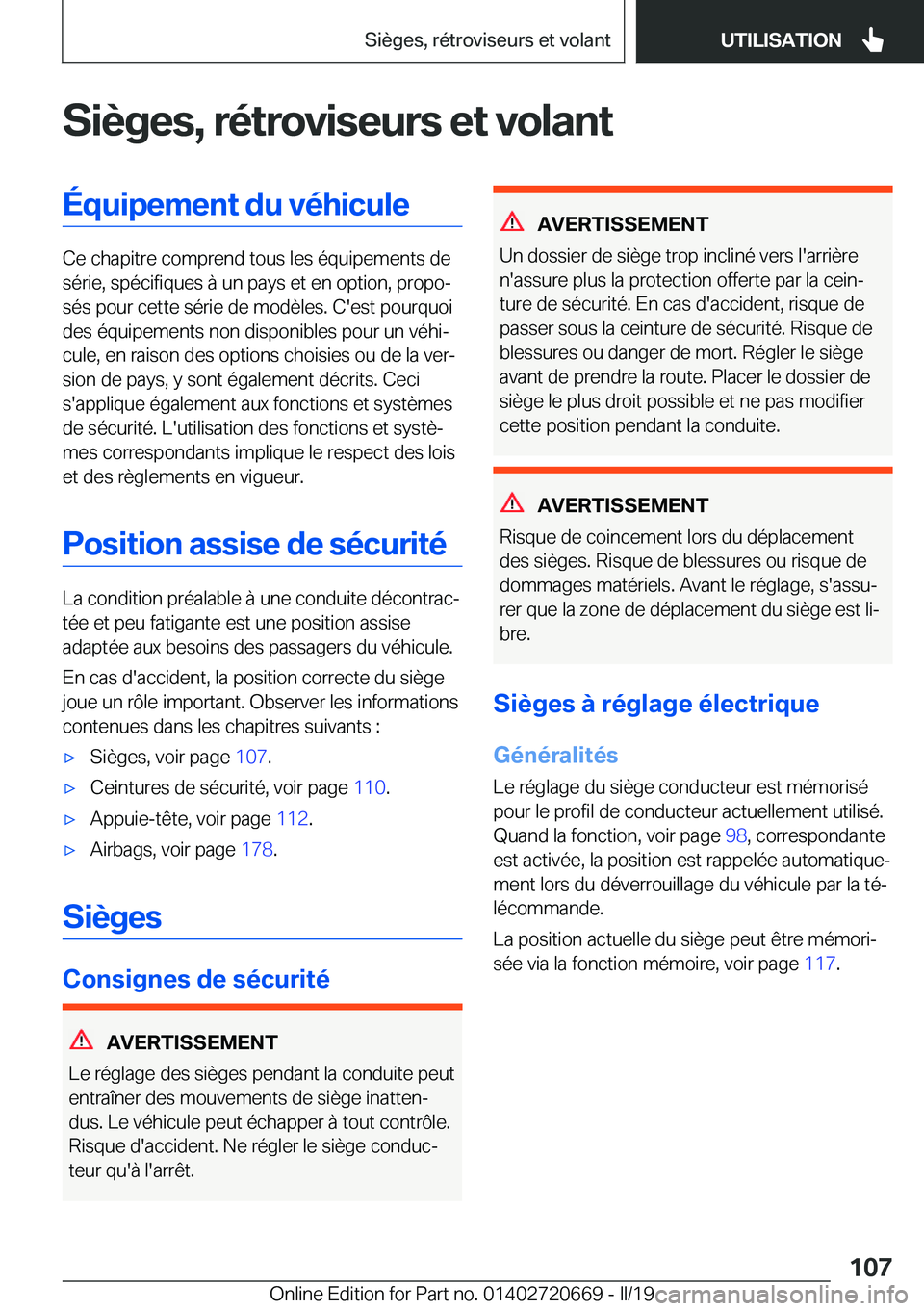 BMW M5 2019  Notices Demploi (in French) �S�i�è�g�e�s�,��r�é�t�r�o�v�i�s�e�u�r�s��e�t��v�o�l�a�n�t�