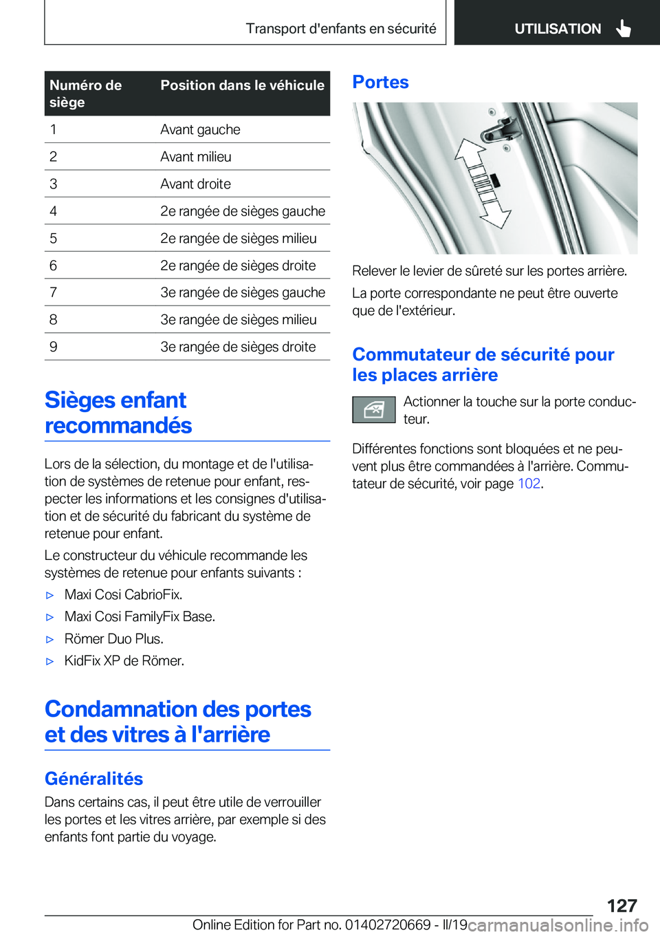 BMW M5 2019  Notices Demploi (in French) �N�u�m�é�r�o��d�e
�s�i�è�g�e�P�o�s�i�t�i�o�n��d�a�n�s��l�e��v�é�h�i�c�u�l�e�1�A�v�a�n�t��g�a�u�c�h�e�2�A�v�a�n�t��m�i�l�i�e�u�3�A�v�a�n�t��d�r�o�i�t�e�4�2�e��r�a�n�g�é�e��d�e��s�i�è�g�e