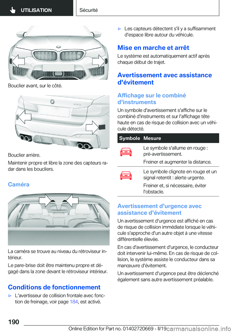 BMW M5 2019  Notices Demploi (in French) �B�o�u�c�l�i�e�r��a�v�a�n�t�,��s�u�r��l�e��c�