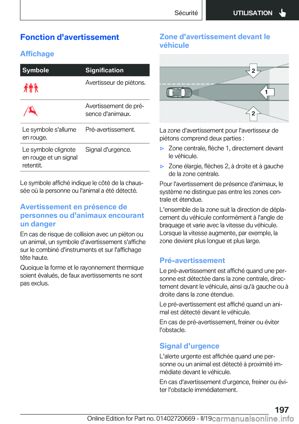 BMW M5 2019  Notices Demploi (in French) �F�o�n�c�t�i�o�n��d�'�a�v�e�r�t�i�s�s�e�m�e�n�t
�A�f�f�i�c�h�a�g�e�S�y�m�b�o�l�e�S�i�g�n�i�f�i�c�a�t�i�o�n�A�v�e�r�t�i�s�s�e�u�r��d�e��p�i�é�t�o�n�s�.�A�v�e�r�t�i�s�s�e�m�e�n�t��d�e��p�r�é