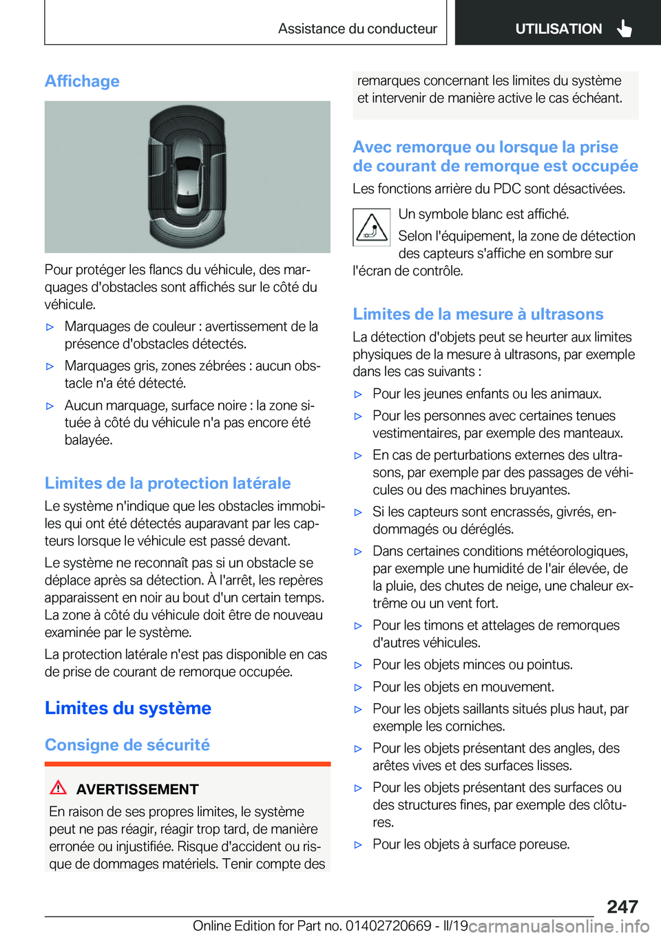 BMW M5 2019  Notices Demploi (in French) �A�f�f�i�c�h�a�g�e
�P�o�u�r��p�r�o�t�é�g�e�r��l�e�s��f�l�a�n�c�s��d�u��v�é�h�i�c�u�l�e�,��d�e�s��m�a�rj
�q�u�a�g�e�s��d�'�o�b�s�t�a�c�l�e�s��s�o�n�t��a�f�f�i�c�h�é�s��s�u�r��l�e��