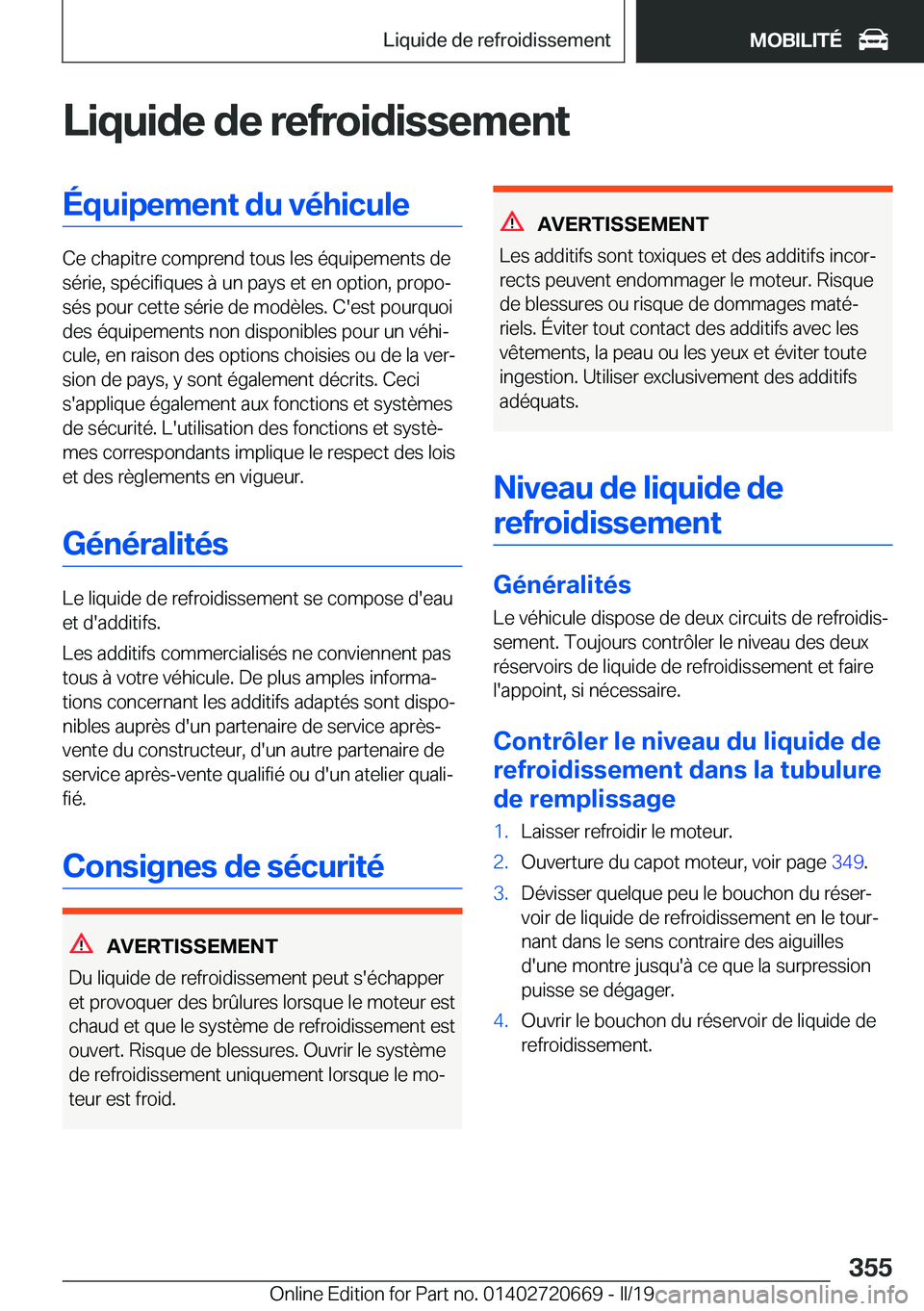 BMW M5 2019  Notices Demploi (in French) �L�i�q�u�i�d�e��d�e��r�e�f�r�o�i�d�i�s�s�e�m�e�n�t�