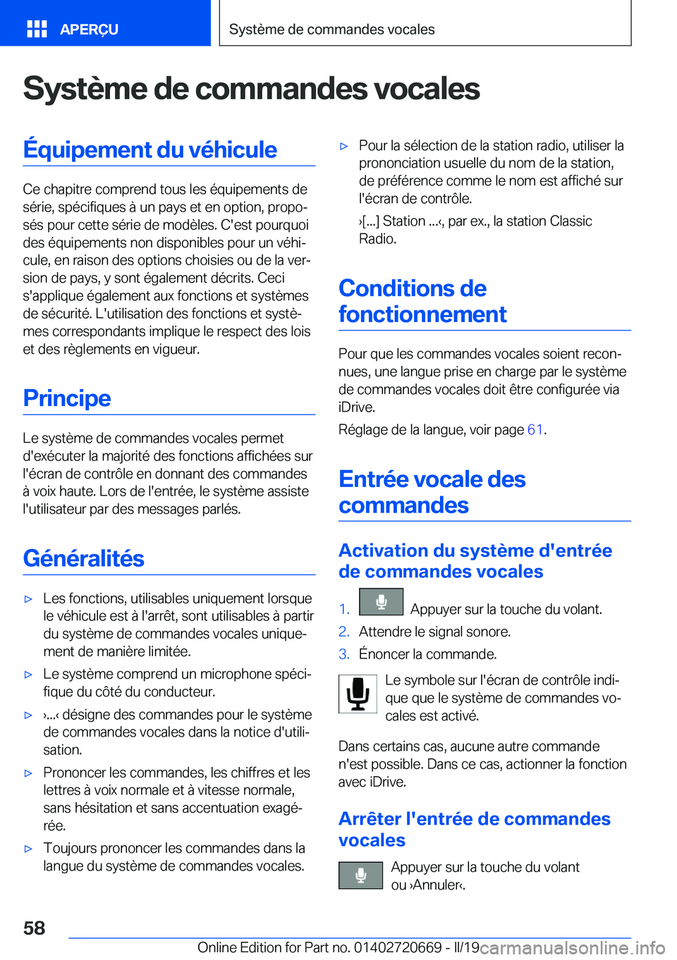 BMW M5 2019  Notices Demploi (in French) �S�y�s�t�è�m�e��d�e��c�o�m�m�a�n�d�e�s��v�o�c�a�l�e�s�
