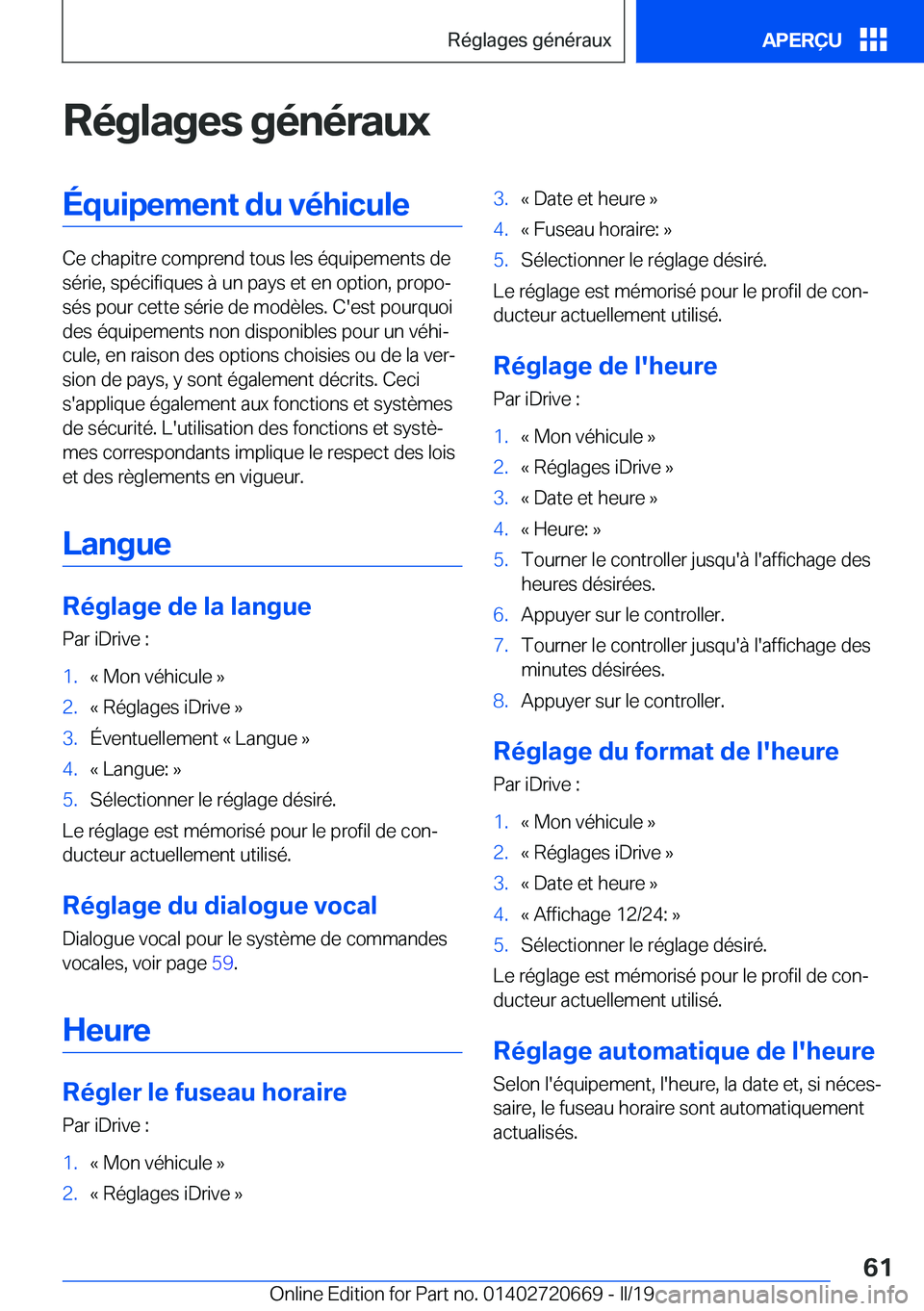 BMW M5 2019  Notices Demploi (in French) �R�é�g�l�a�g�e�s��g�é�n�é�r�a�u�x�