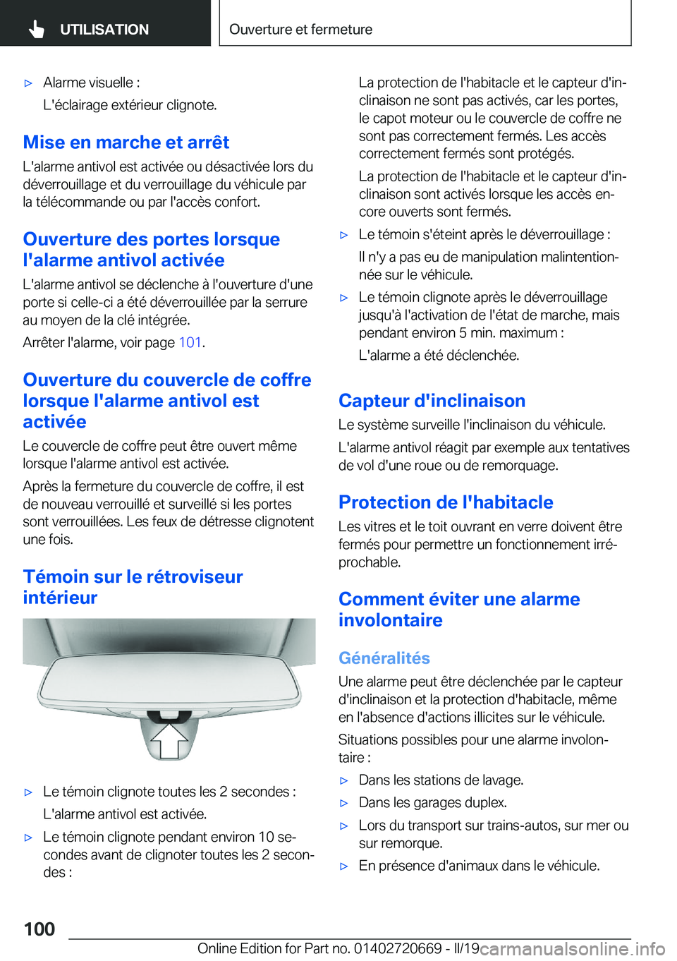 BMW M5 2019  Notices Demploi (in French) 'x�A�l�a�r�m�e��v�i�s�u�e�l�l�e��:
�L�'�é�c�l�a�i�r�a�g�e��e�x�t�é�r�i�e�u�r��c�l�i�g�n�o�t�e�.
�M�i�s�e��e�n��m�a�r�c�h�e��e�t��a�r�r�ê�t
�L�'�a�l�a�r�m�e��a�n�t�i�v�o�l��e�s