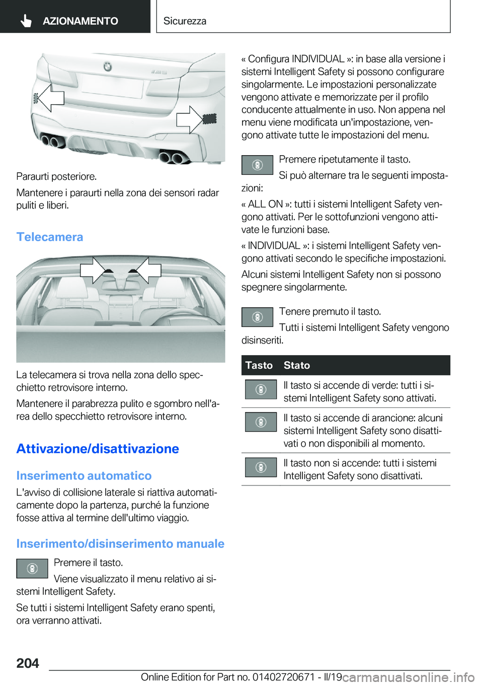 BMW M5 2019  Libretti Di Uso E manutenzione (in Italian) �P�a�r�a�u�r�t�i��p�o�s�t�e�r�i�o�r�e�.
�M�a�n�t�e�n�e�r�e��i��p�a�r�a�u�r�t�i��n�e�l�l�a��z�o�n�a��d�e�i��s�e�n�s�o�r�i��r�a�d�a�r �p�u�l�i�t�i��e��l�i�b�e�r�i�.
�T�e�l�e�c�a�m�e�r�a
�L�a�