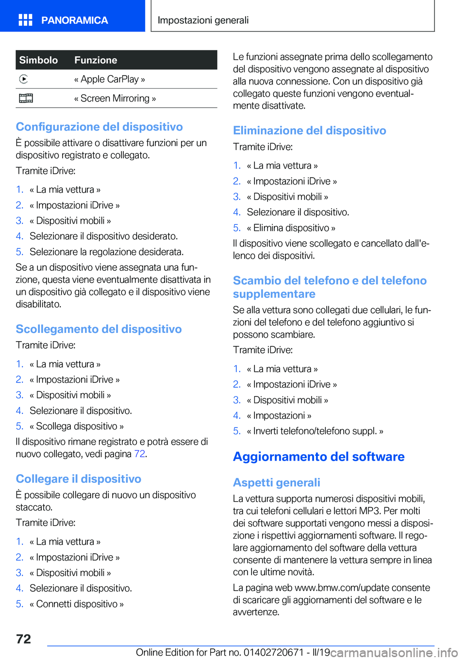 BMW M5 2019  Libretti Di Uso E manutenzione (in Italian) �S�i�m�b�o�l�o�F�u�n�z�i�o�n�e��«��A�p�p�l�e��C�a�r�P�l�a�y��{��«��S�c�r�e�e�n��M�i�r�r�o�r�i�n�g��{
�C�o�n�f�i�g�u�r�a�z�i�o�n�e��d�e�l��d�i�s�p�o�s�i�t�i�v�o
�