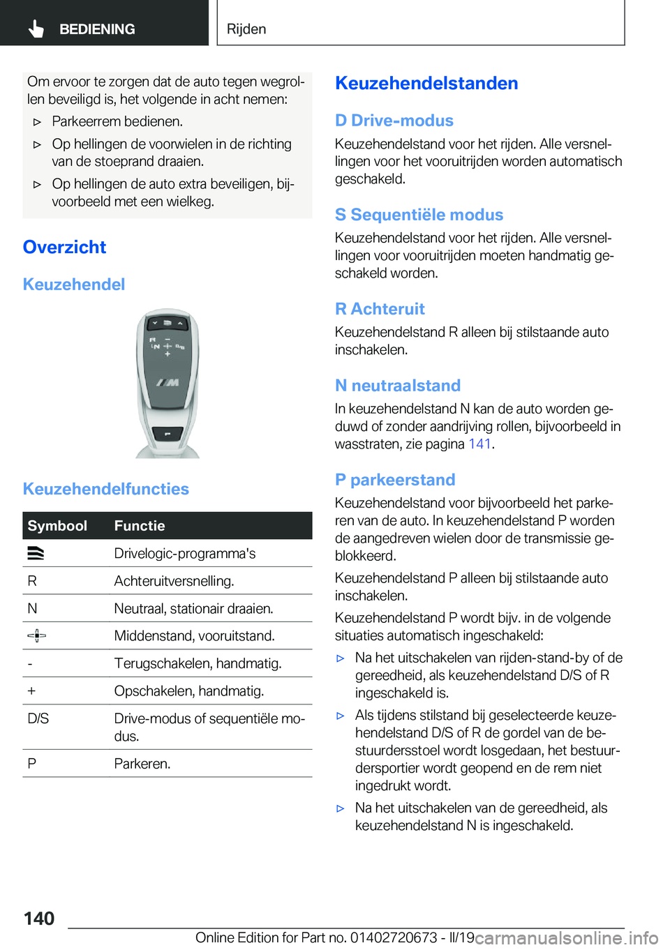 BMW M5 2019  Instructieboekjes (in Dutch) �O�m��e�r�v�o�o�r��t�e��z�o�r�g�e�n��d�a�t��d�e��a�u�t�o��t�e�g�e�n��w�e�g�r�o�lj�l�e�n��b�e�v�e�i�l�i�g�d��i�s�,��h�e�t��v�o�l�g�e�n�d�e��i�n��a�c�h�t��n�e�m�e�n�:'x�P�a�r�k�e�e�r