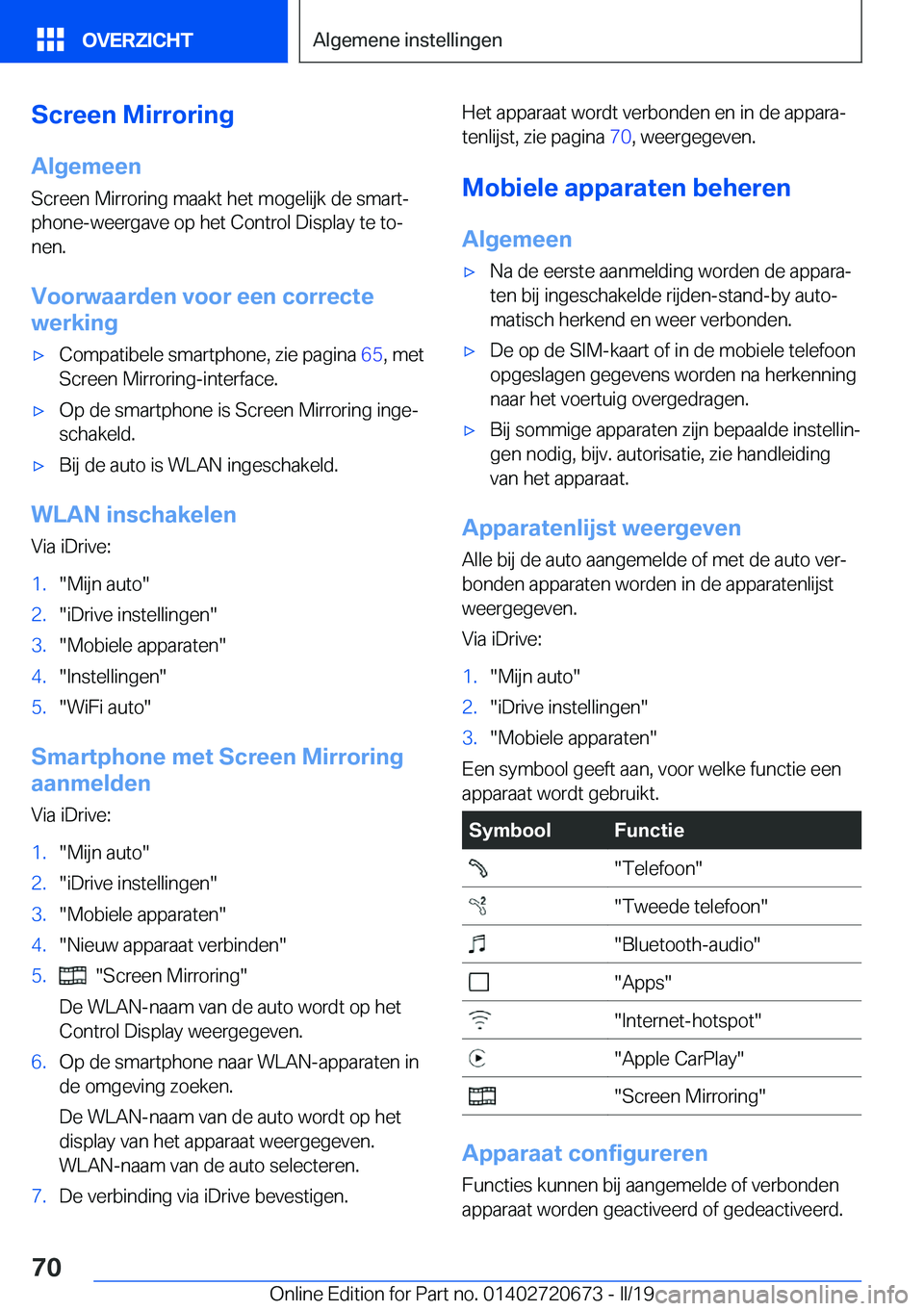 BMW M5 2019  Instructieboekjes (in Dutch) �S�c�r�e�e�n��M�i�r�r�o�r�i�n�g�A�l�g�e�m�e�e�n
�S�c�r�e�e�n��M�i�r�r�o�r�i�n�g��m�a�a�k�t��h�e�t��m�o�g�e�l�i�j�k��d�e��s�m�a�r�tj �p�h�o�n�e�-�w�e�e�r�g�a�v�e��o�p��h�e�t��C�o�n�t�r�o�l�