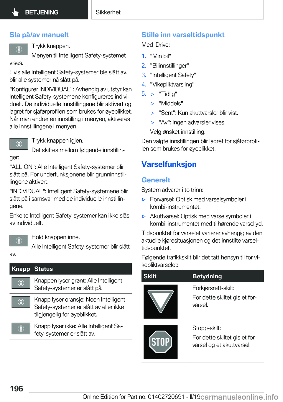 BMW M5 2019  InstruksjonsbØker (in Norwegian) �S�l�a��p�å�/�a�v��m�a�n�u�e�l�t�T�r�y�k�k��k�n�a�p�p�e�n�.
�M�e�n�y�e�n��t�i�l��I�n�t�e�l�l�i�g�e�n�t��S�a�f�e�t�y�-�s�y�s�t�e�m�e�t
�v�i�s�e�s�.
�H�v�i�s��a�l�l�e��I�n�t�e�l�l�i�g�e�n�t��S