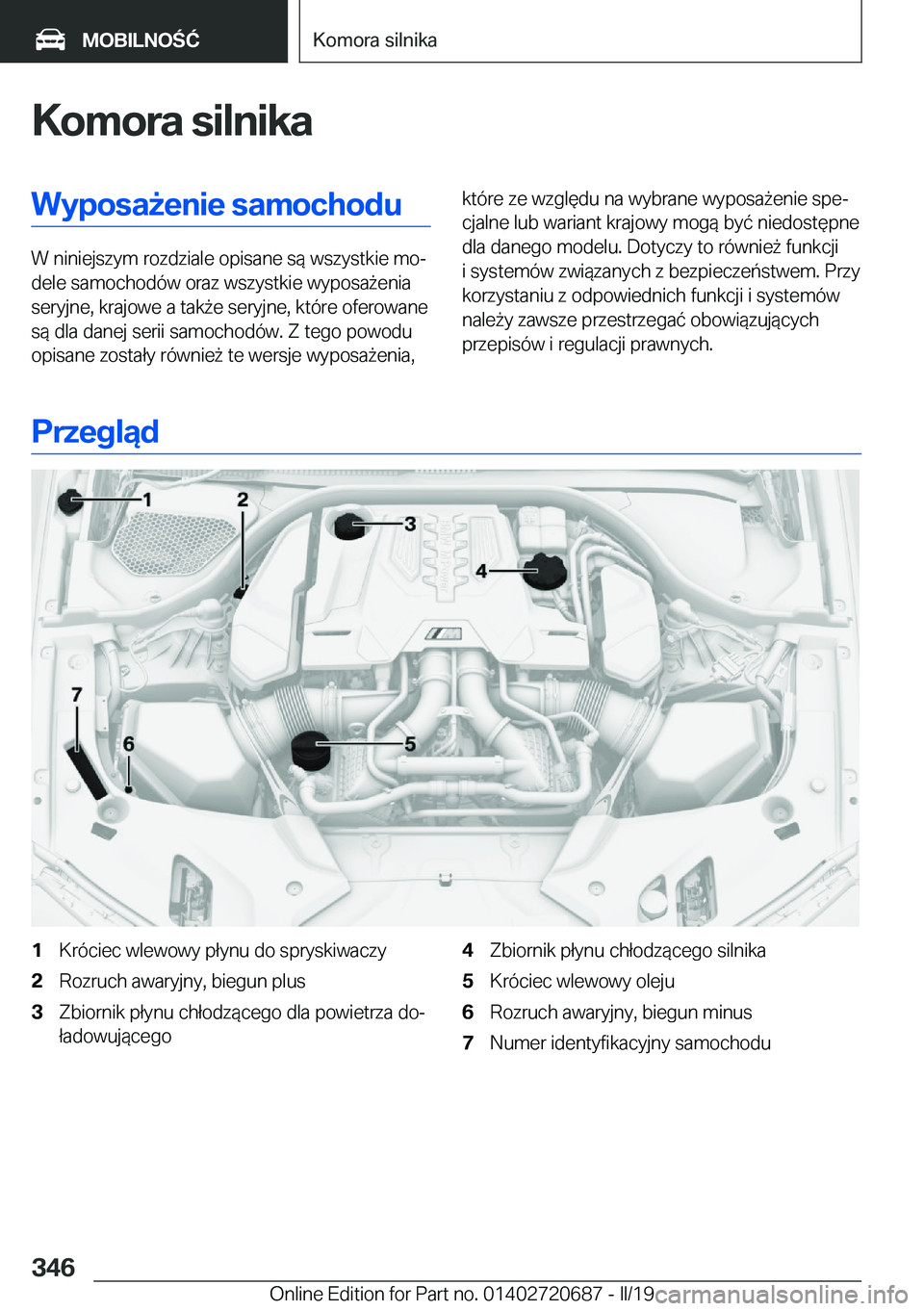 BMW M5 2019  Instrukcja obsługi (in Polish) �K�o�m�o�r�a��s�i�l�n�i�k�a�W�y�p�o�s�a9�e�n�i�e��s�a�m�o�c�h�o�d�u
�W��n�i�n�i�e�j�s�z�y�m��r�o�z�d�z�i�a�l�e��o�p�i�s�a�n�e��s�