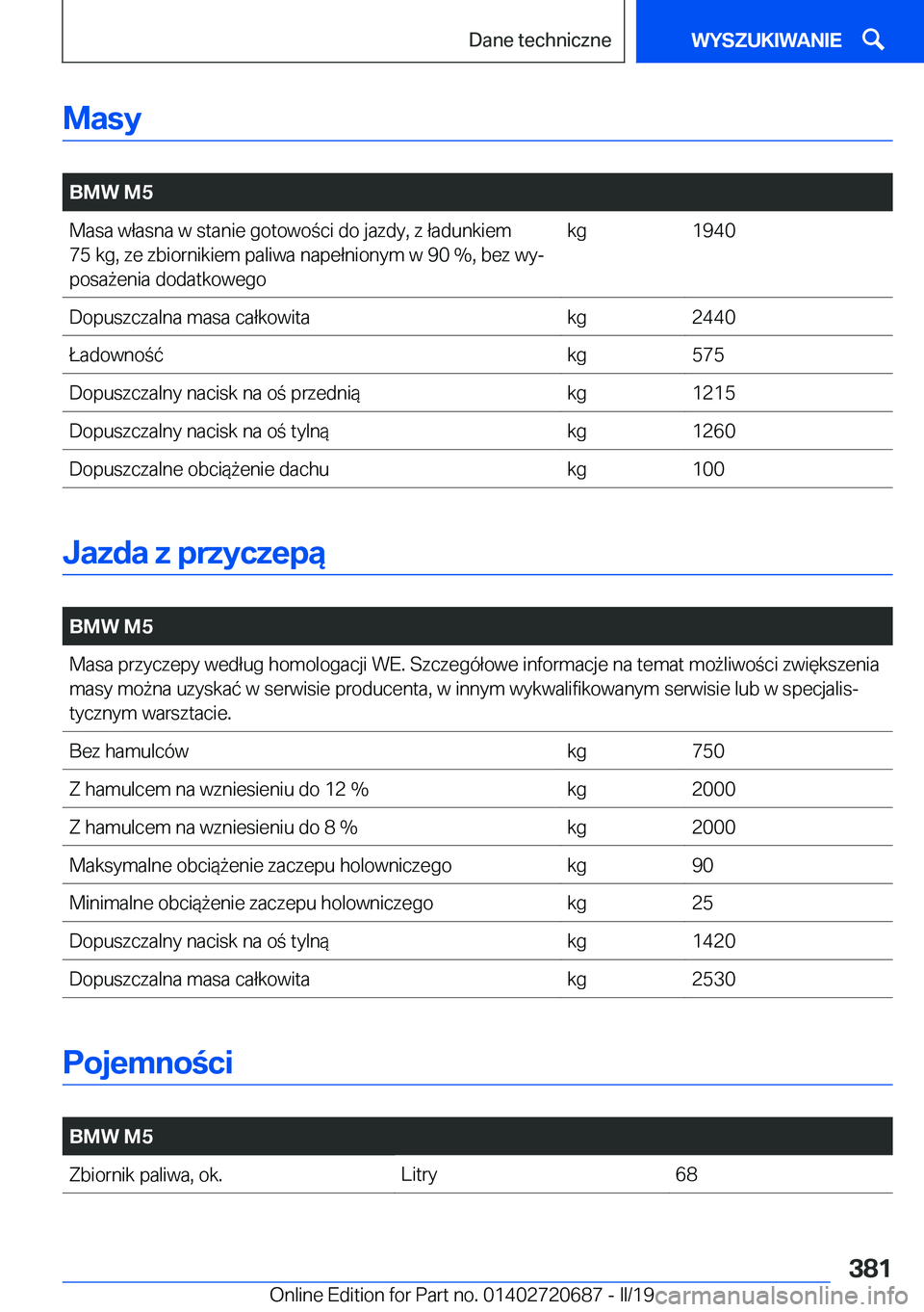 BMW M5 2019  Instrukcja obsługi (in Polish) �M�a�s�y
�
�B�M�W��M�5�M�a�s�a��w�ł�a�s�n�a��w��s�t�a�n�i�e��g�o�t�o�w�o�c�i��d�o��j�a�z�d�y�,��z��ł�a�d�u�n�k�i�e�m
�7�5��k�g�,��z�e��z�b�i�o�r�n�i�k�i�e�m��p�a�l�i�w�a��n�a�p�e�ł