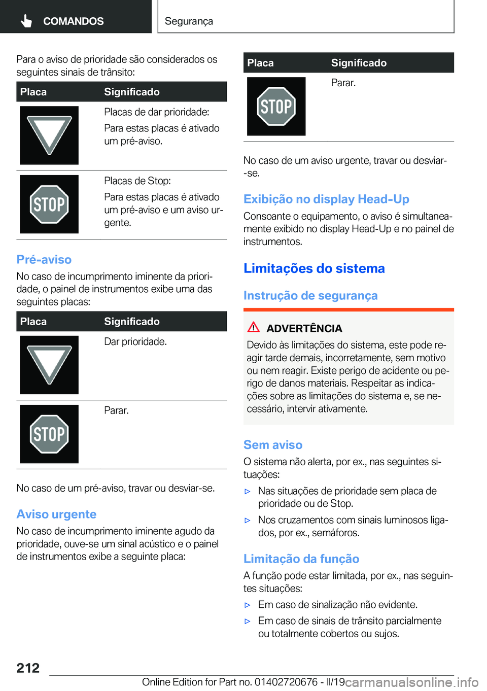 BMW M5 2019  Manual do condutor (in Portuguese) �P�a�r�a��o��a�v�i�s�o��d�e��p�r�i�o�r�i�d�a�d�e��s�ã�o��c�o�n�s�i�d�e�r�a�d�o�s��o�s�s�e�g�u�i�n�t�e�s��s�i�n�a�i�s��d�e��t�r�â�n�s�i�t�o�:�P�l�a�c�a�S�i�g�n�i�f�i�c�a�d�o�P�l�a�c�a�s��d
