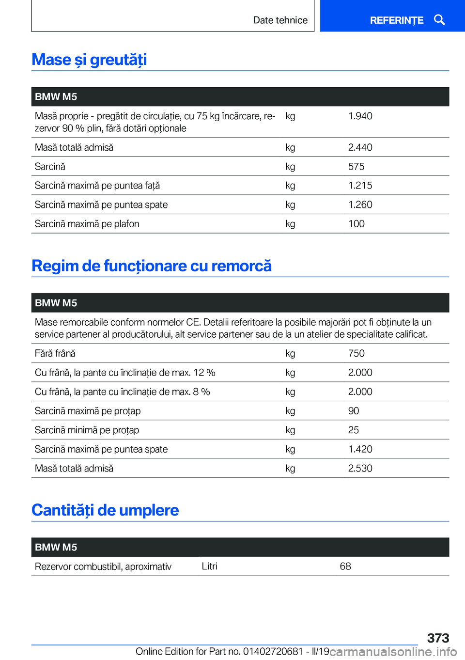BMW M5 2019  Ghiduri De Utilizare (in Romanian) �M�a�s�e�&�i��g�r�e�u�t�ă�i
�
�B�M�W��M�5�M�a�s�