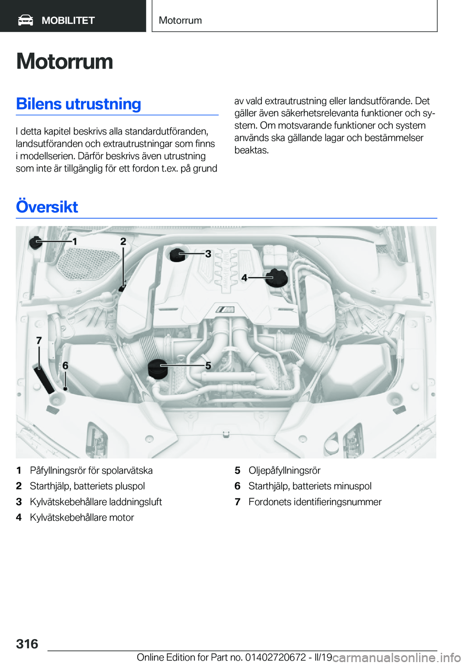 BMW M5 2019  InstruktionsbÖcker (in Swedish) �M�o�t�o�r�r�u�m�B�i�l�e�n�s��u�t�r�u�s�t�n�i�n�g
�I��d�e�t�t�a��k�a�p�i�t�e�l��b�e�s�k�r�i�v�s��a�l�l�a��s�t�a�n�d�a�r�d�u�t�f�