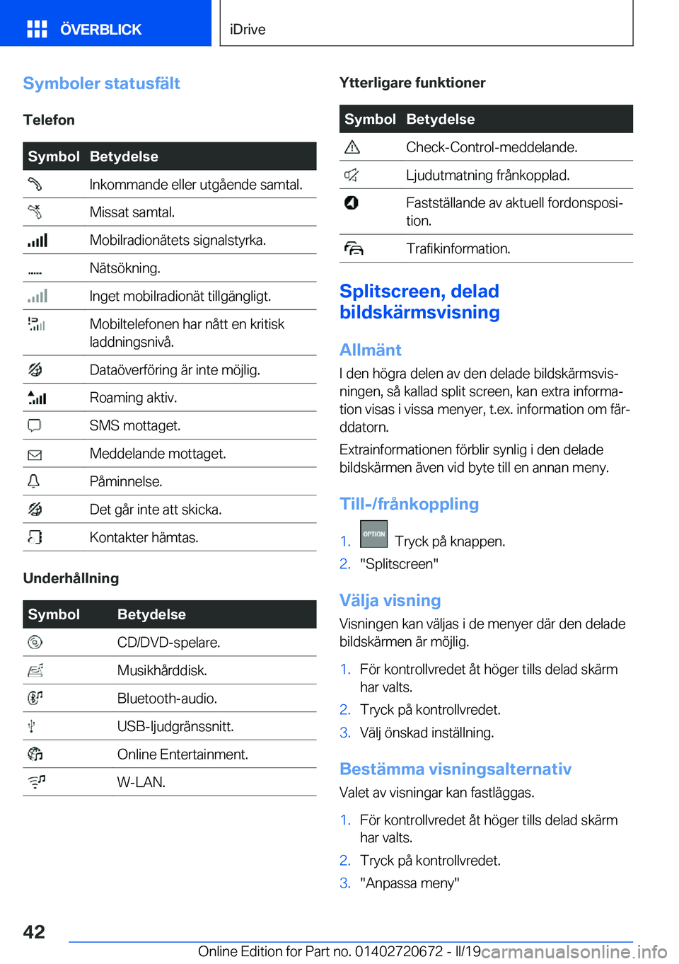 BMW M5 2019  InstruktionsbÖcker (in Swedish) �S�y�m�b�o�l�e�r��s�t�a�t�u�s�f�ä�l�t
�T�e�l�e�f�o�n�S�y�m�b�o�l�B�e�t�y�d�e�l�s�e��I�n�k�o�m�m�a�n�d�e��e�l�l�e�r��u�t�g�å�e�n�d�e��s�a�m�t�a�l�.��M�i�s�s�a�t��s�a�m�t�a�l�.��M�o�b�i�l�r�a�