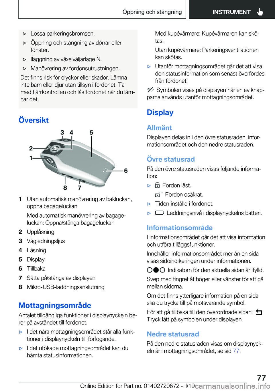 BMW M5 2019  InstruktionsbÖcker (in Swedish) 'x�L�o�s�s�a��p�a�r�k�e�r�i�n�g�s�b�r�o�m�s�e�n�.'x�