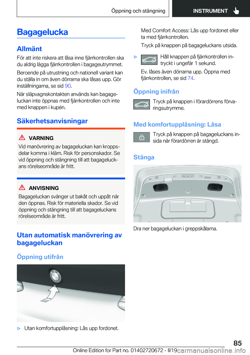 BMW M5 2019  InstruktionsbÖcker (in Swedish) �B�a�g�a�g�e�l�u�c�k�a
�A�l�l�m�ä�n�t
�F�