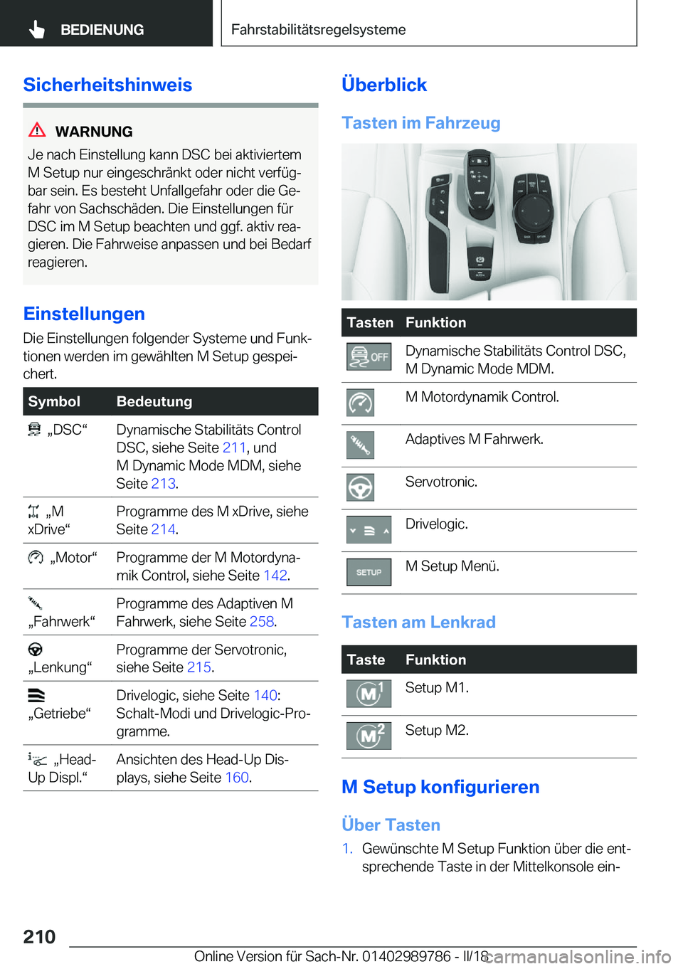 BMW M5 2018  Betriebsanleitungen (in German) �S�i�c�h�e�r�h�e�i�t�s�h�i�n�w�e�i�s
�W�A�R�N�U�N�G
�J�e� �n�a�c�h� �E�i�n�s�t�e�l�l�u�n�g� �k�a�n�n� �D�S�C� �b�e�i� �a�k�t�i�v�i�e�r�t�e�m �M� �S�e�t�u�p� �n�u�r� �e�i�n�g�e�s�c�h�r�ä�n�k�t� �o�d�e