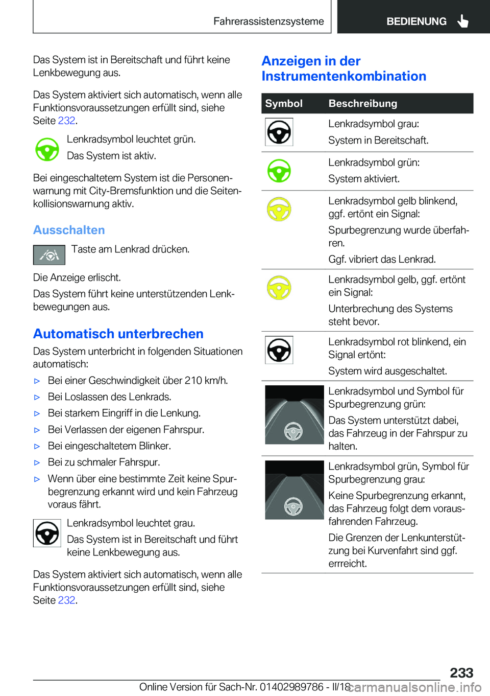 BMW M5 2018  Betriebsanleitungen (in German) �D�a�s� �S�y�s�t�e�m� �i�s�t� �i�n� �B�e�r�e�i�t�s�c�h�a�f�t� �u�n�d� �f�ü�h�r�t� �k�e�i�n�e
�L�e�n�k�b�e�w�e�g�u�n�g� �a�u�s�.
�D�a�s� �S�y�s�t�e�m� �a�k�t�i�v�i�e�r�t� �s�i�c�h� �a�u�t�o�m�a�t�i�s�