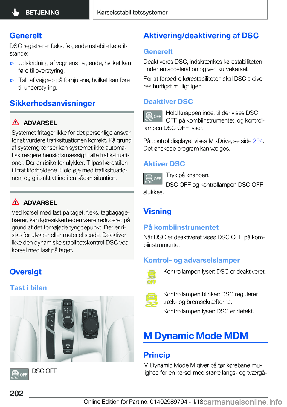 BMW M5 2018  InstruktionsbØger (in Danish) �G�e�n�e�r�e�l�t�D�S�C� �r�e�g�i�s�t�r�e�r�e�r� �f�.�e�k�s�.� �f�