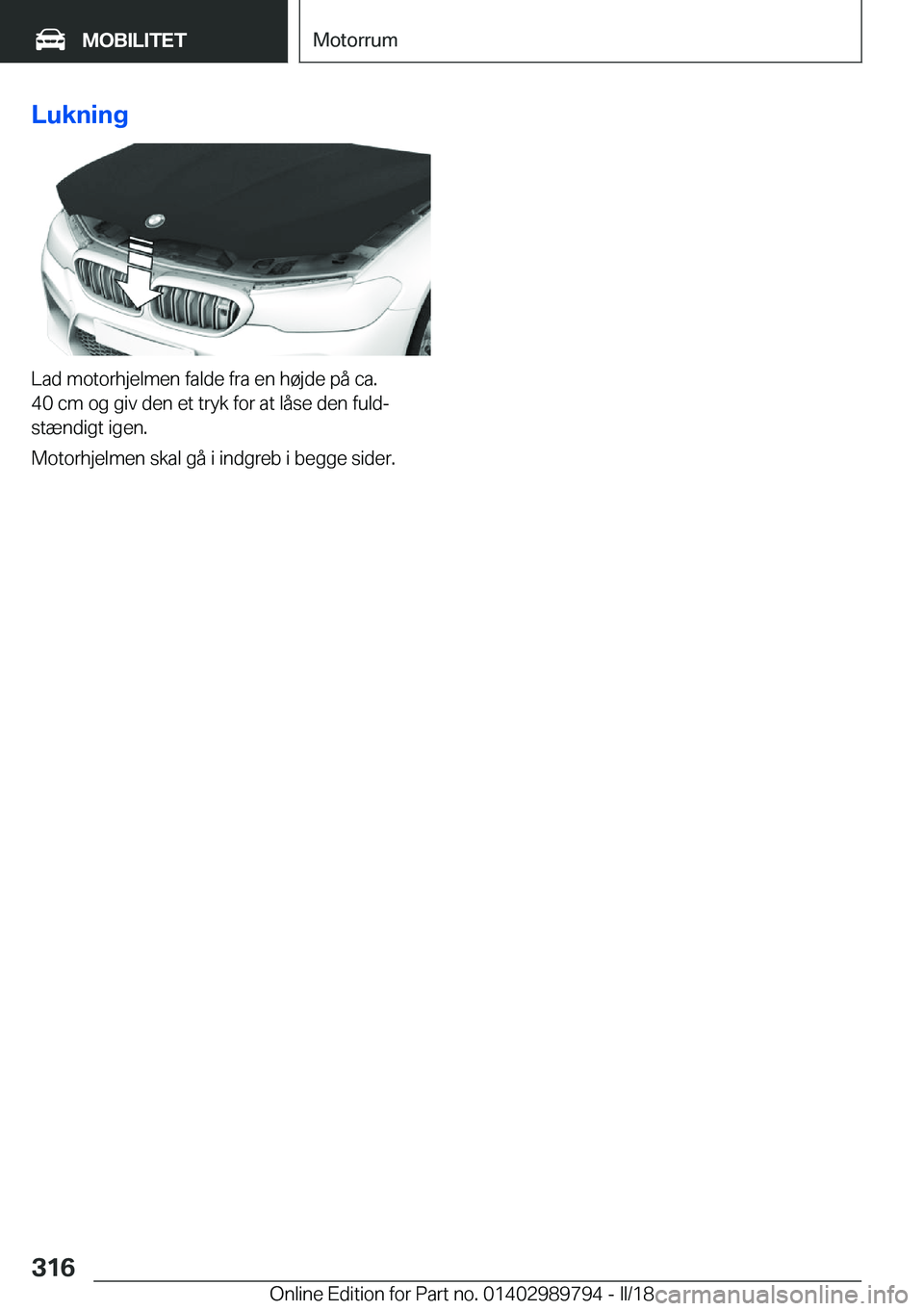 BMW M5 2018  InstruktionsbØger (in Danish) �L�u�k�n�i�n�g
�L�a�d� �m�o�t�o�r�h�j�e�l�m�e�n� �f�a�l�d�e� �f�r�a� �e�n� �h�