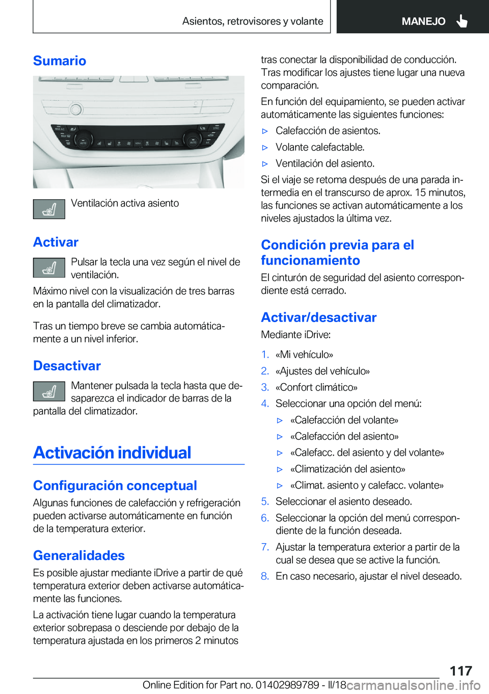 BMW M5 2018  Manuales de Empleo (in Spanish) �S�u�m�a�r�i�o
�V�e�n�t�i�l�a�c�i�