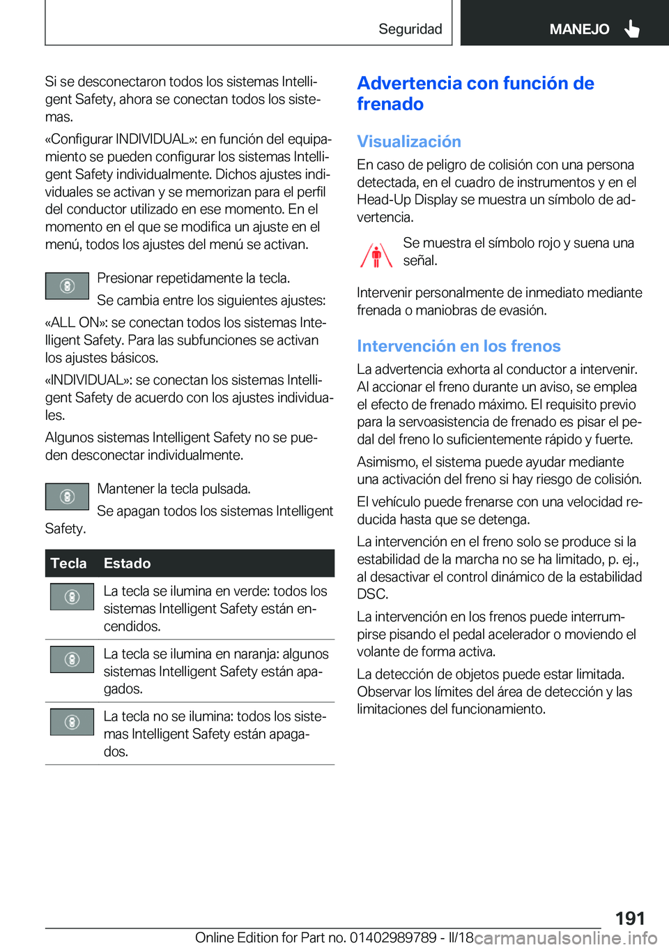 BMW M5 2018  Manuales de Empleo (in Spanish) �S�i� �s�e� �d�e�s�c�o�n�e�c�t�a�r�o�n� �t�o�d�o�s� �l�o�s� �s�i�s�t�e�m�a�s� �I�n�t�e�l�l�iª
�g�e�n�t� �S�a�f�e�t�y�,� �a�h�o�r�a� �s�e� �c�o�n�e�c�t�a�n� �t�o�d�o�s� �l�o�s� �s�i�s�t�eª
�m�a�s�.