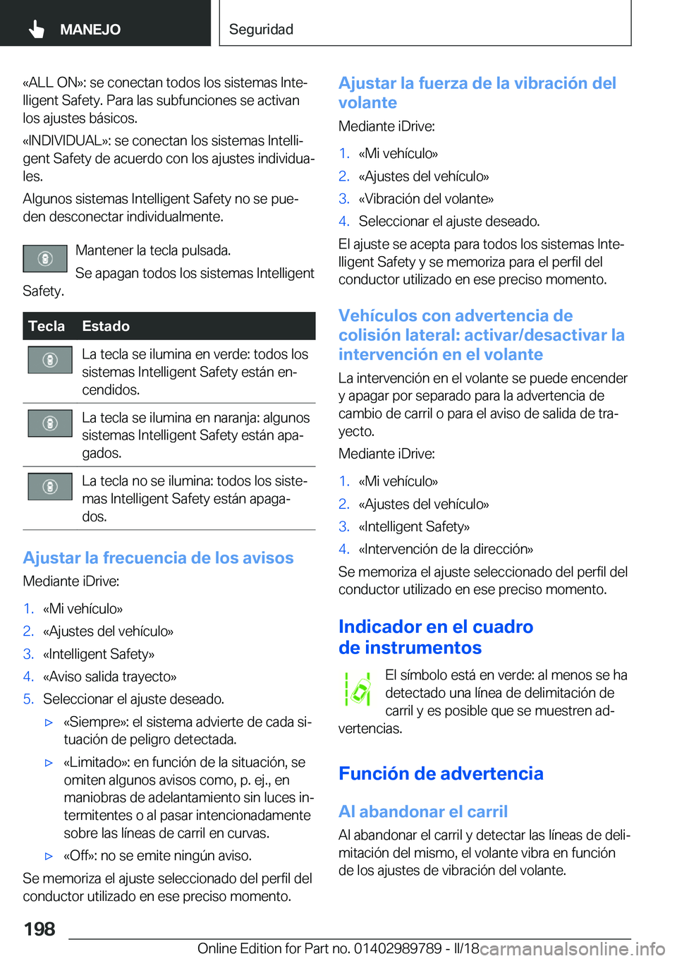 BMW M5 2018  Manuales de Empleo (in Spanish) �«�A�L�L� �O�N�{�:� �s�e� �c�o�n�e�c�t�a�n� �t�o�d�o�s� �l�o�s� �s�i�s�t�e�m�a�s� �I�n�t�eª
�l�l�i�g�e�n�t� �S�a�f�e�t�y�.� �P�a�r�a� �l�a�s� �s�u�b�f�u�n�c�i�o�n�e�s� �s�e� �a�c�t�i�v�a�n
�l�o�s� 
