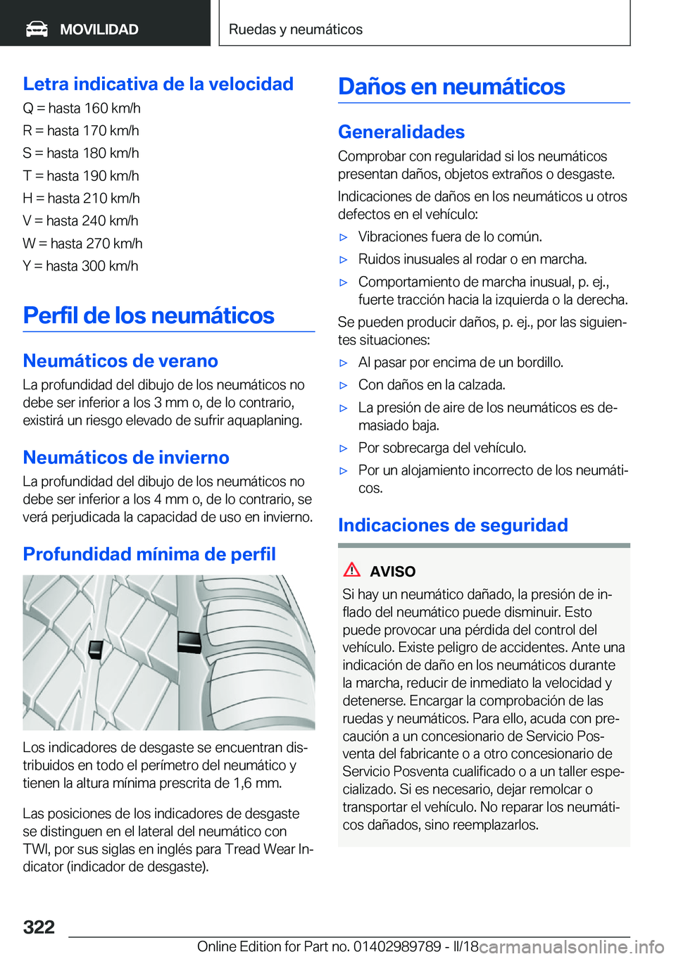 BMW M5 2018  Manuales de Empleo (in Spanish) �L�e�t�r�a��i�n�d�i�c�a�t�i�v�a��d�e��l�a��v�e�l�o�c�i�d�a�d�Q� �� �h�a�s�t�a� �1�6�0� �k�m�/�h
�R� �� �h�a�s�t�a� �1�7�0� �k�m�/�h
�S� �� �h�a�s�t�a� �1�8�0� �k�m�/�h
�T� �� �h�a�s�t�a� �1�9�