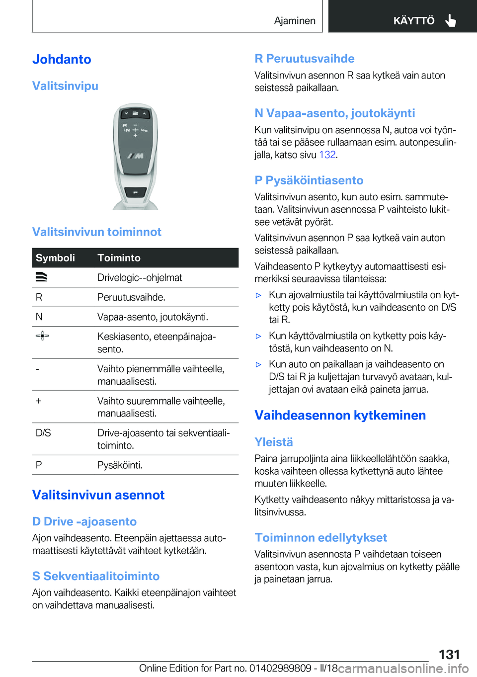 BMW M5 2018  Omistajan Käsikirja (in Finnish) �J�o�h�d�a�n�t�o
�V�a�l�i�t�s�i�n�v�i�p�u
�V�a�l�i�t�s�i�n�v�i�v�u�n��t�o�i�m�i�n�n�o�t
�S�y�m�b�o�l�i�T�o�i�m�i�n�t�o�D�r�i�v�e�l�o�g�i�c�-�-�o�h�j�e�l�m�a�t�R�P�e�r�u�u�t�u�s�v�a�i�h�d�e�.�N�V�a�p�