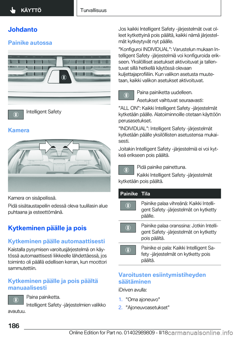 BMW M5 2018  Omistajan Käsikirja (in Finnish) �J�o�h�d�a�n�t�o
�P�a�i�n�i�k�e��a�u�t�o�s�s�a
�I�n�t�e�l�l�i�g�e�n�t� �S�a�f�e�t�y
�K�a�m�e�r�a
�K�a�m�e�r�a� �o�n� �s�i�s�ä�p�e�i�l�i�s�s�ä�.
�P�i�d�ä� �s�i�s�ä�t�a�u�s�t�a�p�e�i�l�i�n� �e�d�e�