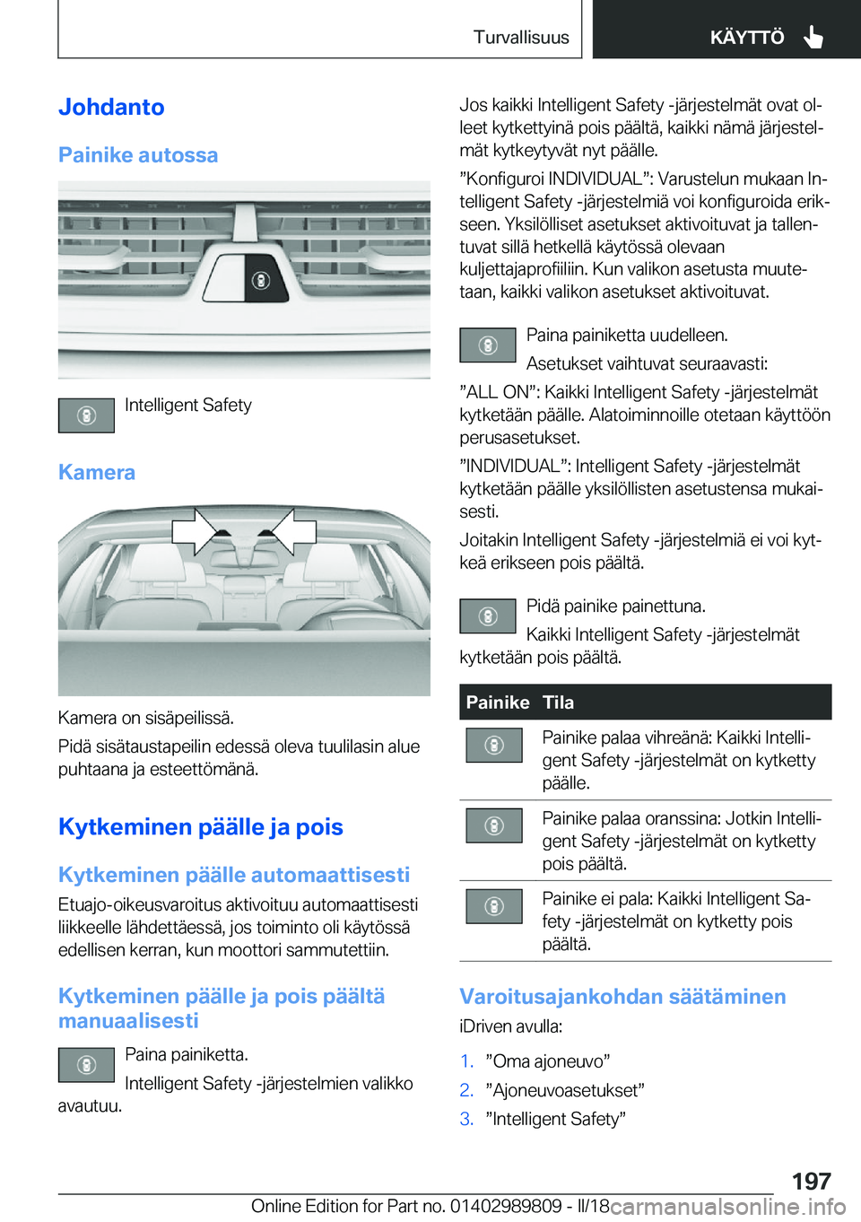 BMW M5 2018  Omistajan Käsikirja (in Finnish) �J�o�h�d�a�n�t�o
�P�a�i�n�i�k�e��a�u�t�o�s�s�a
�I�n�t�e�l�l�i�g�e�n�t� �S�a�f�e�t�y
�K�a�m�e�r�a
�K�a�m�e�r�a� �o�n� �s�i�s�ä�p�e�i�l�i�s�s�ä�.
�P�i�d�ä� �s�i�s�ä�t�a�u�s�t�a�p�e�i�l�i�n� �e�d�e�