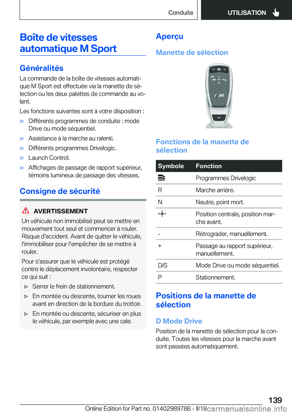 BMW M5 2018  Notices Demploi (in French) �B�o�