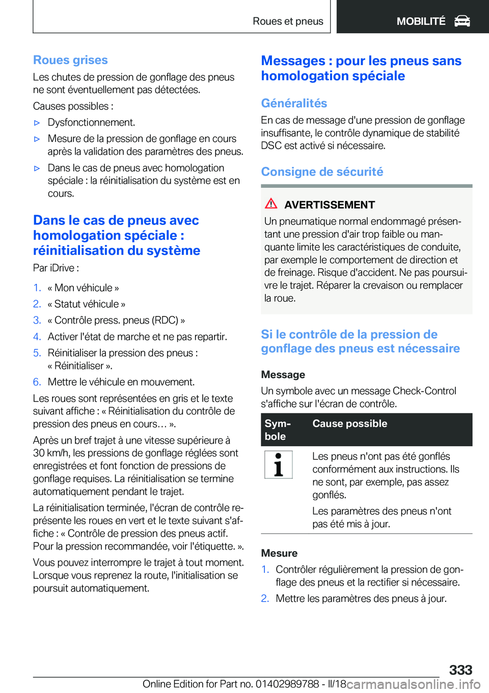 BMW M5 2018  Notices Demploi (in French) �R�o�u�e�s��g�r�i�s�e�s�L�e�s� �c�h�u�t�e�s� �d�e� �p�r�e�s�s�i�o�n� �d�e� �g�o�n�f�l�a�g�e� �d�e�s� �p�n�e�u�s�n�e� �s�o�n�t� �é�v�e�n�t�u�e�l�l�e�m�e�n�t� �p�a�s� �d�é�t�e�c�t�é�e�s�.
�C�a�u�s�e