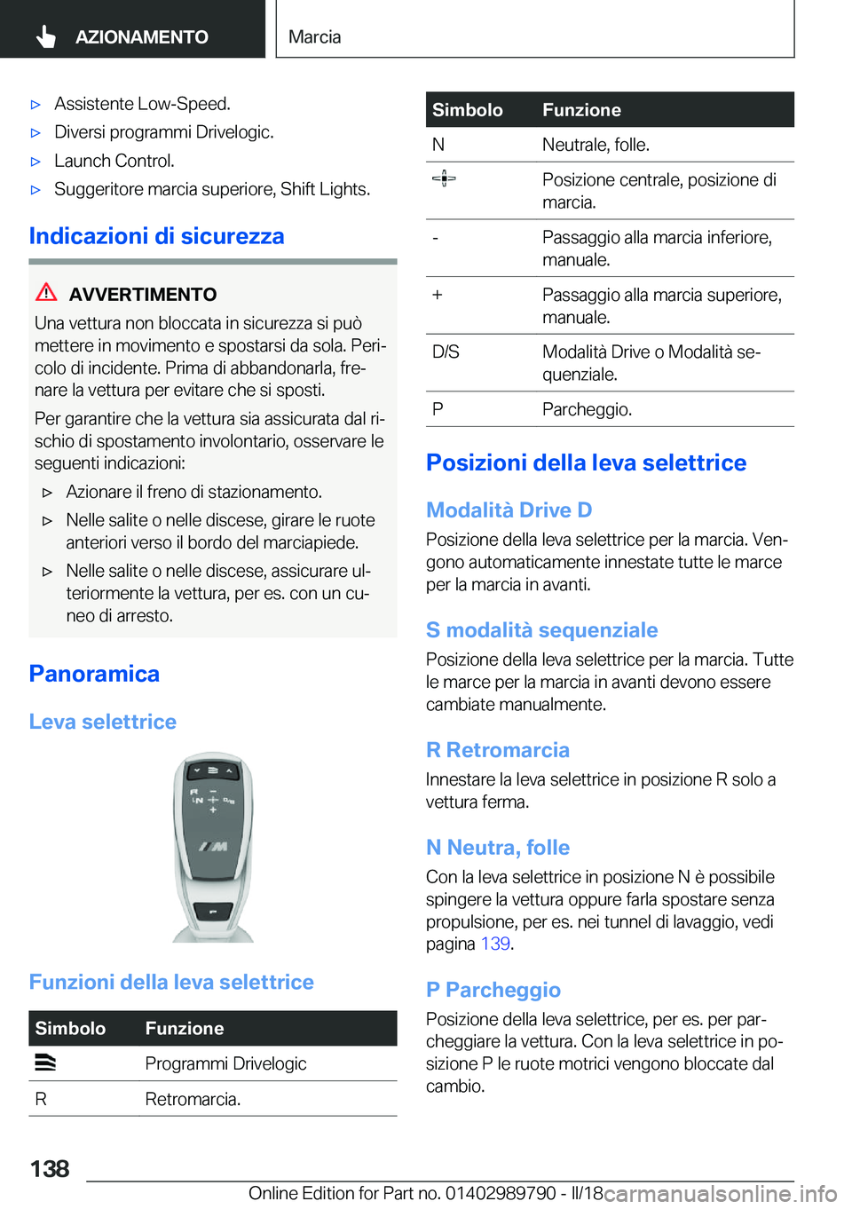 BMW M5 2018  Libretti Di Uso E manutenzione (in Italian) 'x�A�s�s�i�s�t�e�n�t�e� �L�o�w�-�S�p�e�e�d�.'x�D�i�v�e�r�s�i� �p�r�o�g�r�a�m�m�i� �D�r�i�v�e�l�o�g�i�c�.'x�L�a�u�n�c�h� �C�o�n�t�r�o�l�.'x�S�u�g�g�e�r�i�t�o�r�e� �m�a�r�c�i�a� �s�u�p�e