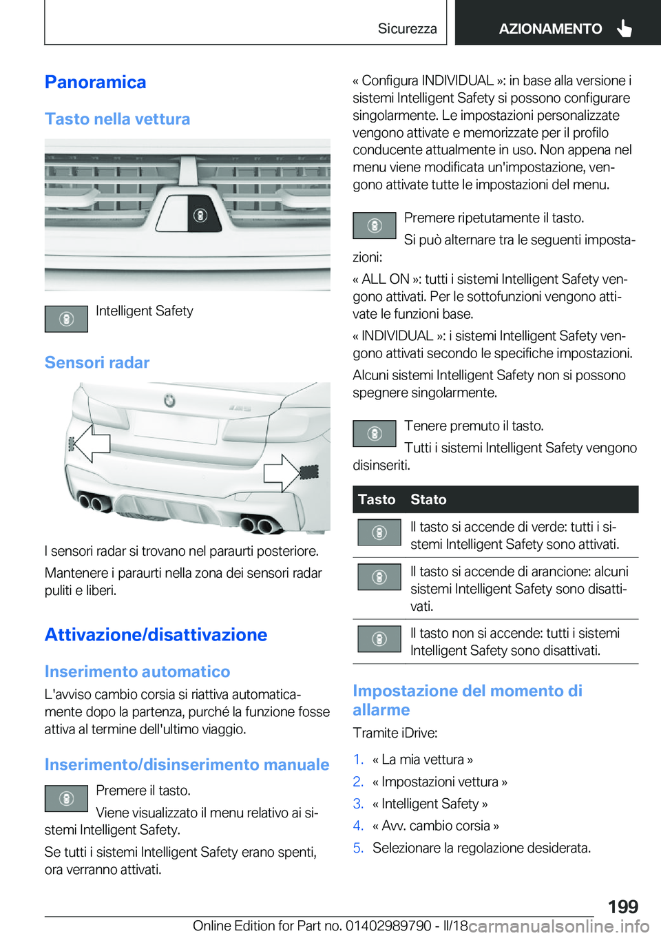 BMW M5 2018  Libretti Di Uso E manutenzione (in Italian) �P�a�n�o�r�a�m�i�c�a�T�a�s�t�o��n�e�l�l�a��v�e�t�t�u�r�a
�I�n�t�e�l�l�i�g�e�n�t� �S�a�f�e�t�y
�S�e�n�s�o�r�i��r�a�d�a�r
�I� �s�e�n�s�o�r�i� �r�a�d�a�r� �s�i� �t�r�o�v�a�n�o� �n�e�l� �p�a�r�a�u�r�t�