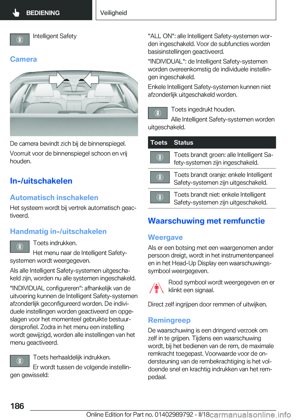 BMW M5 2018  Instructieboekjes (in Dutch) �I�n�t�e�l�l�i�g�e�n�t� �S�a�f�e�t�y
�C�a�m�e�r�a
�D�e� �c�a�m�e�r�a� �b�e�v�i�n�d�t� �z�i�c�h� �b�i�j� �d�e� �b�i�n�n�e�n�s�p�i�e�g�e�l�. �V�o�o�r�r�u�i�t� �v�o�o�r� �d�e� �b�i�n�n�e�n�s�p�i�e�g�e�l�