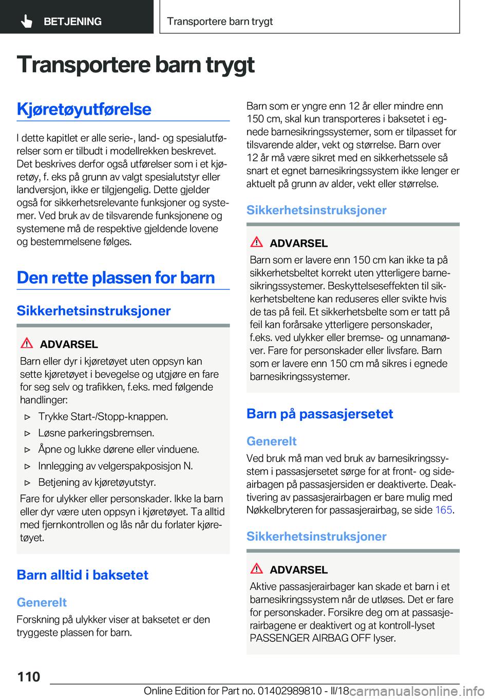BMW M5 2018  InstruksjonsbØker (in Norwegian) �T�r�a�n�s�p�o�r�t�e�r�e��b�a�r�n��t�r�y�g�t�K�j�