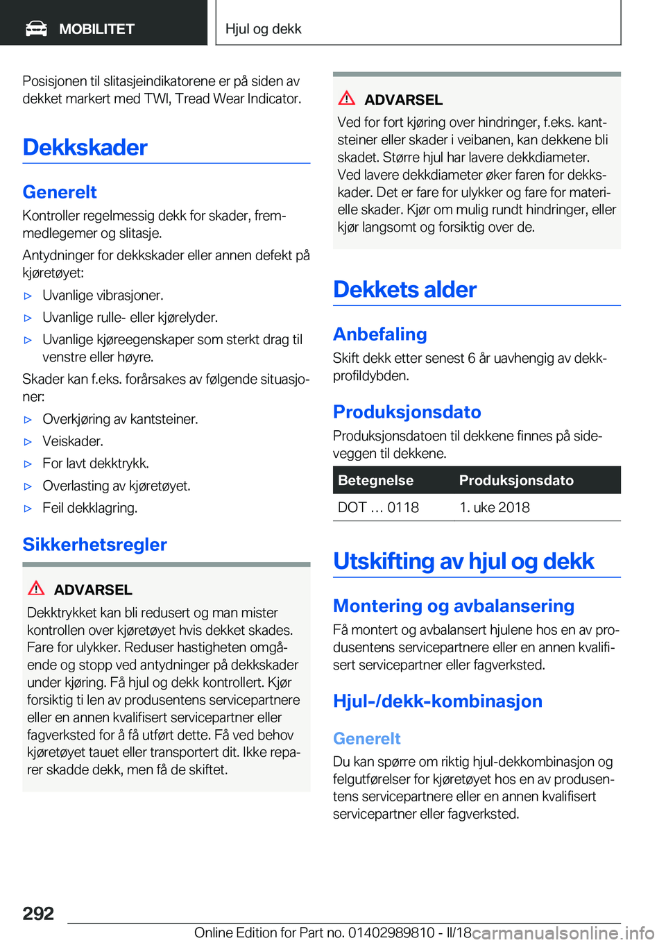 BMW M5 2018  InstruksjonsbØker (in Norwegian) �P�o�s�i�s�j�o�n�e�n� �t�i�l� �s�l�i�t�a�s�j�e�i�n�d�i�k�a�t�o�r�e�n�e� �e�r� �p�å� �s�i�d�e�n� �a�v
�d�e�k�k�e�t� �m�a�r�k�e�r�t� �m�e�d� �T�W�I�,� �T�r�e�a�d� �W�e�a�r� �I�n�d�i�c�a�t�o�r�.
�D�e�k�