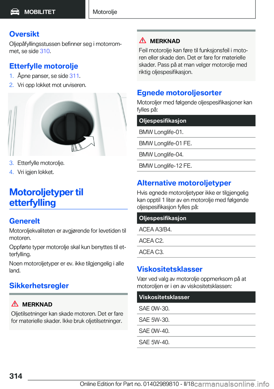 BMW M5 2018  InstruksjonsbØker (in Norwegian) �O�v�e�r�s�i�k�t
�O�l�j�e�p�å�f�y�l�l�i�n�g�s�s�t�u�s�s�e�n� �b�e�f�i�n�n�e�r� �s�e�g� �i� �m�o�t�o�r�r�o�mj
�m�e�t�,� �s�e� �s�i�d�e�  �3�1�0�.
�E�t�t�e�r�f�y�l�l�e��m�o�t�o�r�o�l�j�e�1�.�