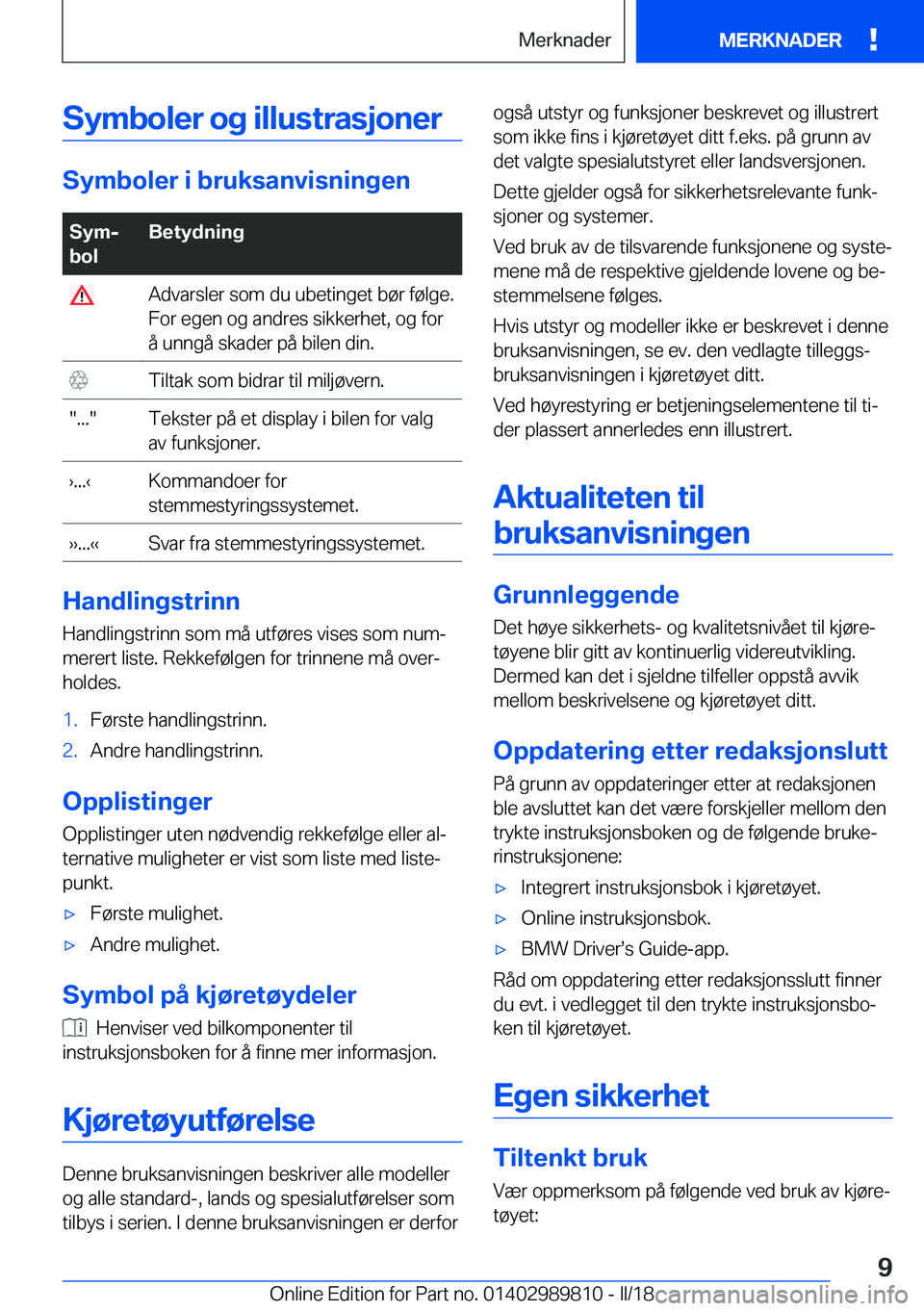 BMW M5 2018  InstruksjonsbØker (in Norwegian) �S�y�m�b�o�l�e�r��o�g��i�l�l�u�s�t�r�a�s�j�o�n�e�r
�S�y�m�b�o�l�e�r��i��b�r�u�k�s�a�n�v�i�s�n�i�n�g�e�n
�S�y�mj
�b�o�l�B�e�t�y�d�n�i�n�g� �A�d�v�a�r�s�l�e�r� �s�o�m� �d�u� �u�b�e�t�i�n�g�e�t� �b�