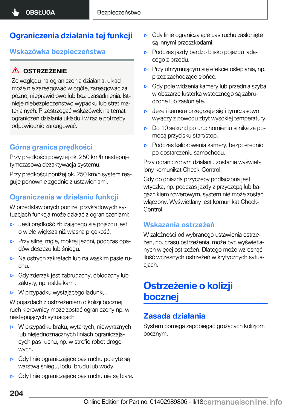 BMW M5 2018  Instrukcja obsługi (in Polish) �O�g�r�a�n�i�c�z�e�n�i�a��d�z�i�a�ł�a�n�i�a��t�e�j��f�u�n�k�c�j�i�W�s�k�a�z�