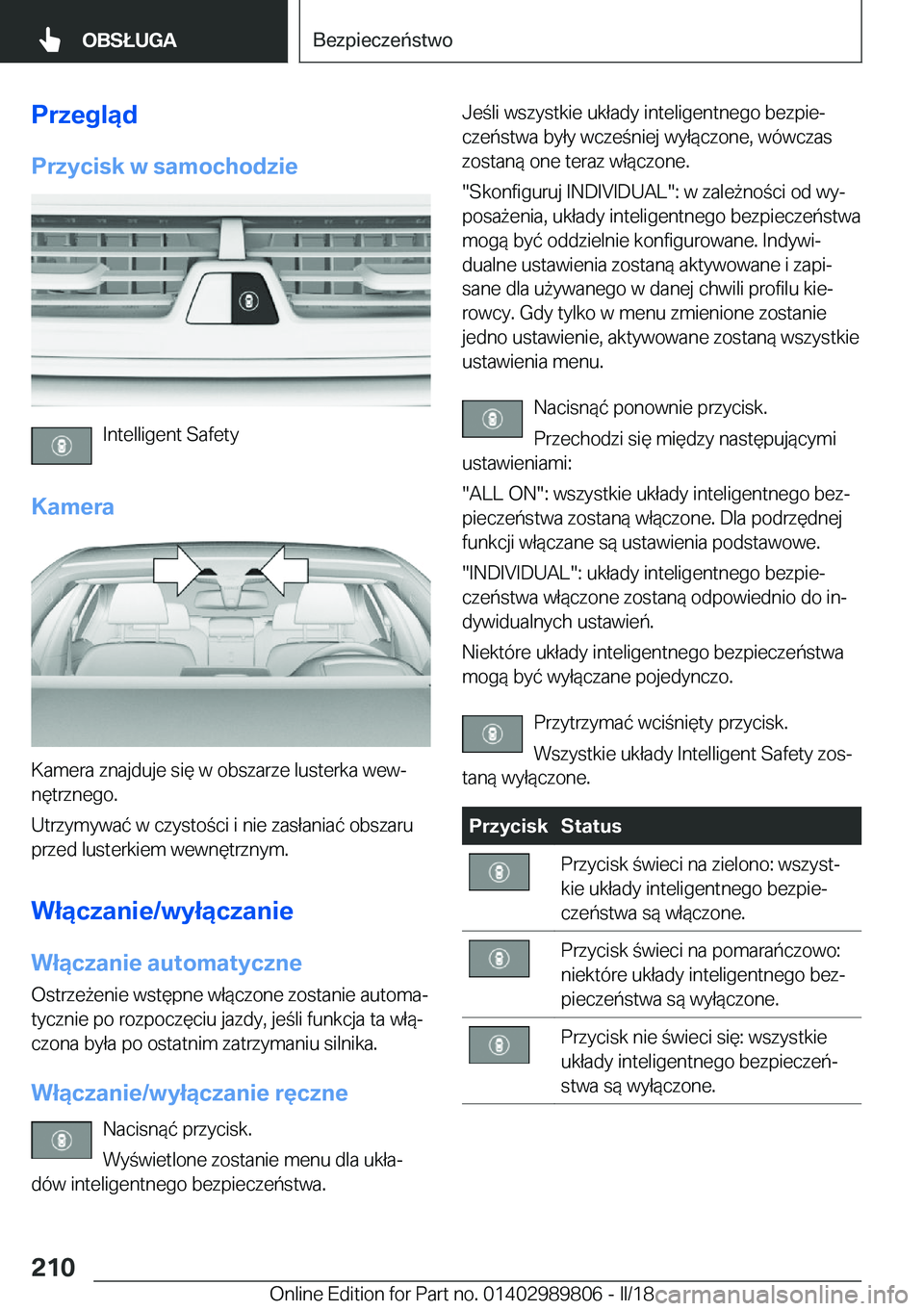 BMW M5 2018  Instrukcja obsługi (in Polish) �P�r�z�e�g�l�ą�d�P�r�z�y�c�i�s�k��w��s�a�m�o�c�h�o�d�z�i�e
�I�n�t�e�l�l�i�g�e�n�t� �S�a�f�e�t�y
�K�a�m�e�r�a
�K�a�m�e�r�a� �z�n�a�j�d�u�j�e� �s�i�