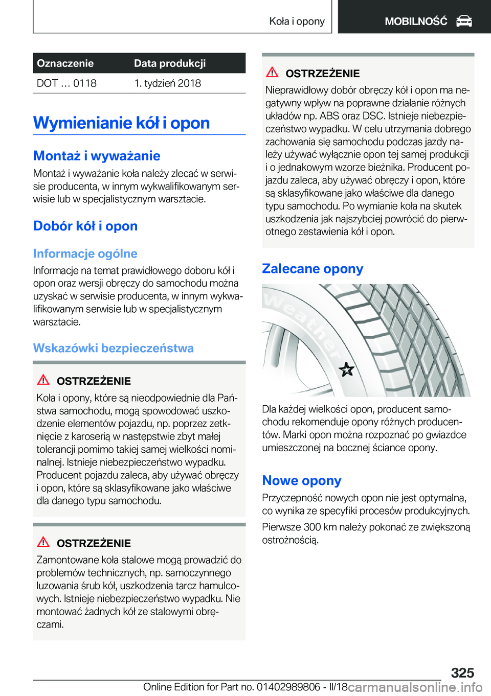 BMW M5 2018  Instrukcja obsługi (in Polish) �O�z�n�a�c�z�e�n�i�e�D�a�t�a��p�r�o�d�u�k�c�j�i�D�O�T� 