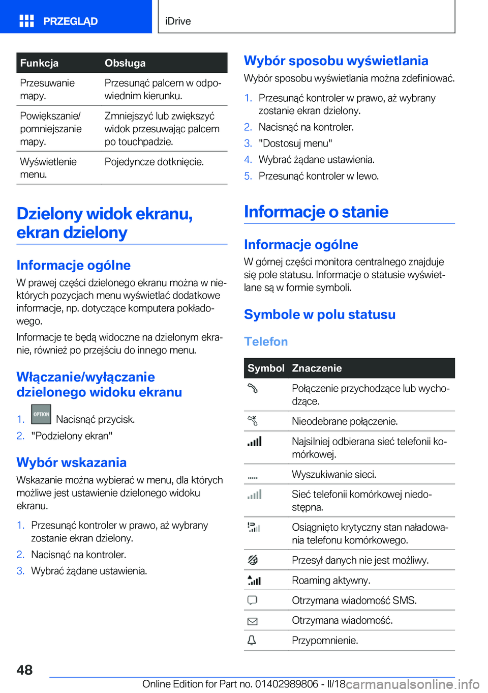BMW M5 2018  Instrukcja obsługi (in Polish) �F�u�n�k�c�j�a�O�b�s�ł�u�g�a�P�r�z�e�s�u�w�a�n�i�e
�m�a�p�y�.�P�r�z�e�s�u�n�
