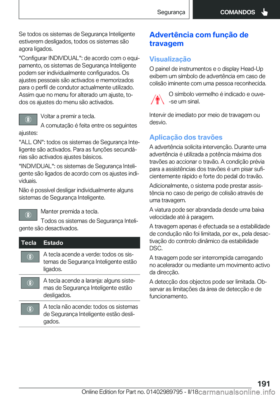 BMW M5 2018  Manual do condutor (in Portuguese) �S�e� �t�o�d�o�s� �o�s� �s�i�s�t�e�m�a�s� �d�e� �S�e�g�u�r�a�n�ç�a� �I�n�t�e�l�i�g�e�n�t�e
�e�s�t�i�v�e�r�e�m� �d�e�s�l�i�g�a�d�o�s�,� �t�o�d�o�s� �o�s� �s�i�s�t�e�m�a�s� �s�ã�o
�a�g�o�r�a� �l�i�g�a