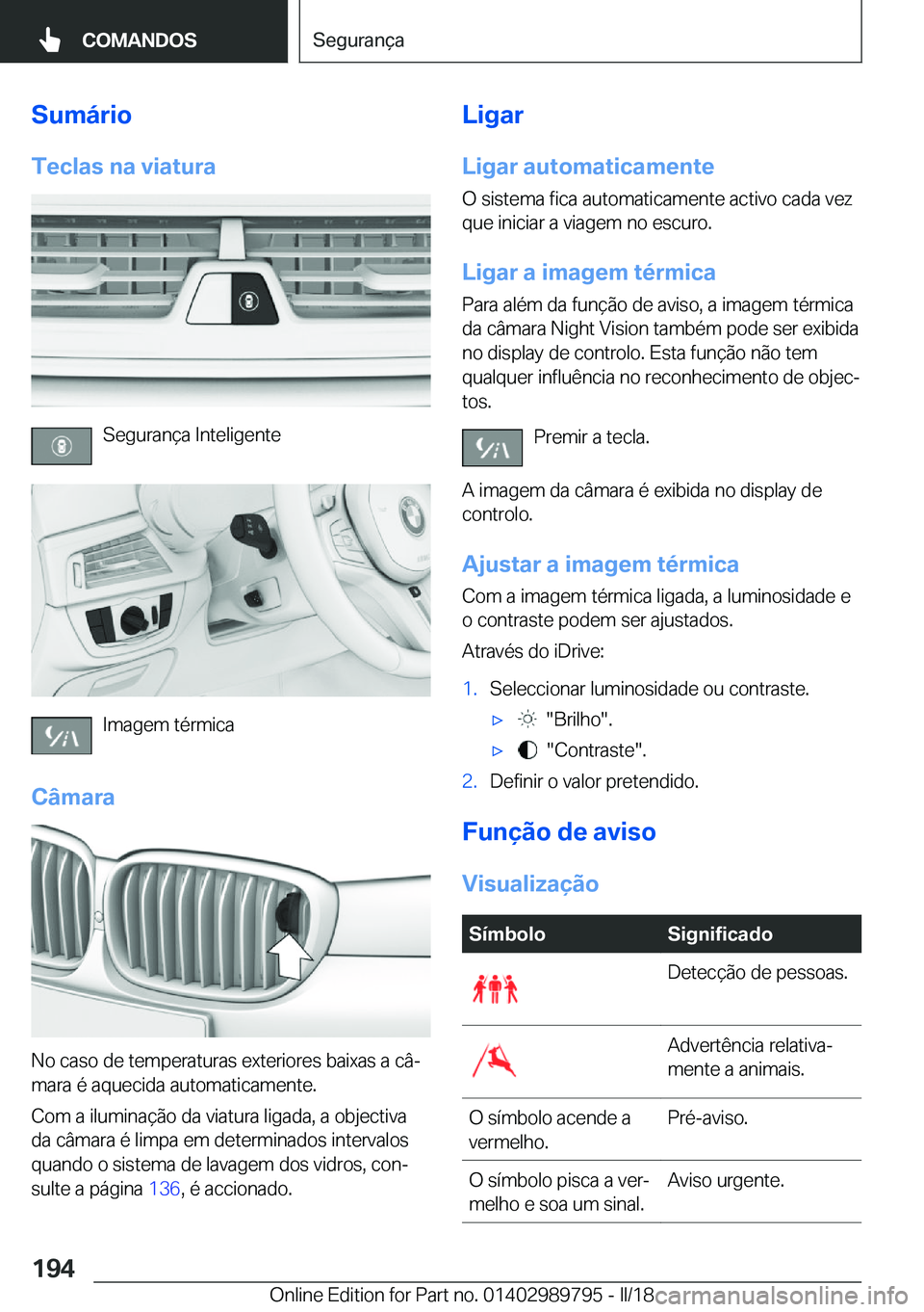 BMW M5 2018  Manual do condutor (in Portuguese) �S�u�m�á�r�i�o�T�e�c�l�a�s��n�a��v�i�a�t�u�r�a
�S�e�g�u�r�a�n�ç�a� �I�n�t�e�l�i�g�e�n�t�e
�I�m�a�g�e�m� �t�é�r�m�i�c�a
�C�â�m�a�r�a
�N�o� �c�a�s�o� �d�e� �t�e�m�p�e�r�a�t�u�r�a�s� �e�x�t�e�r�i�o