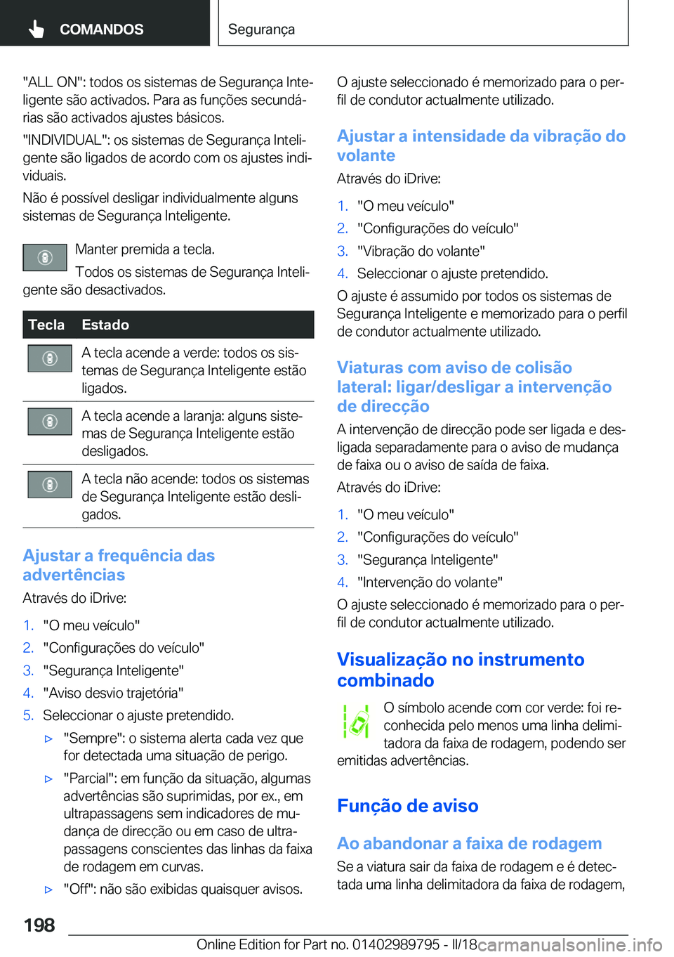 BMW M5 2018  Manual do condutor (in Portuguese) �"�A�L�L� �O�N�"�:� �t�o�d�o�s� �o�s� �s�i�s�t�e�m�a�s� �d�e� �S�e�g�u�r�a�n�ç�a� �I�n�t�eª
�l�i�g�e�n�t�e� �s�ã�o� �a�c�t�i�v�a�d�o�s�.� �P�a�r�a� �a�s� �f�u�n�ç�õ�e�s� �s�e�c�u�n�d�á