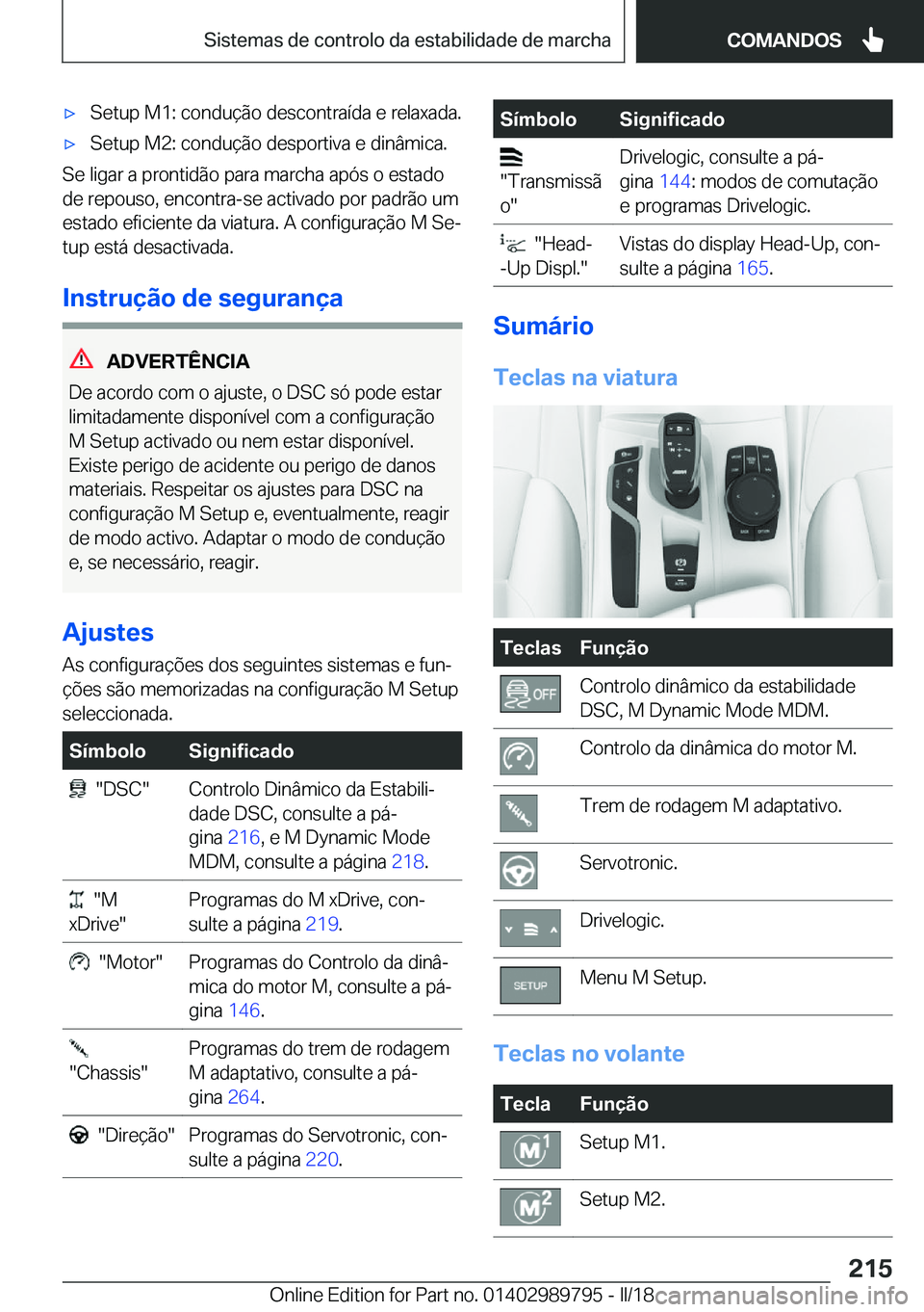 BMW M5 2018  Manual do condutor (in Portuguese) 'x�S�e�t�u�p� �M�1�:� �c�o�n�d�u�ç�ã�o� �d�e�s�c�o�n�t�r�a�í�d�a� �e� �r�e�l�a�x�a�d�a�.'x�S�e�t�u�p� �M�2�:� �c�o�n�d�u�ç�ã�o� �d�e�s�p�o�r�t�i�v�a� �e� �d�i�n�â�m�i�c�a�.
�S�e� �l�i�g�